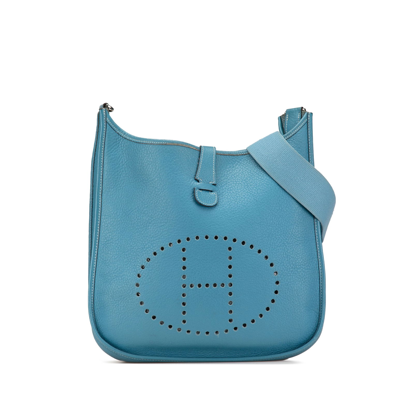 Hermes Clemence Evelyne II GM Blue Leather Bag with Canvas Strap: Hermes Clemence Evelyne II GM Blue Leather Bag with Canvas Strap The Hermes Clemence Evelyne II GM is a sophisticated bag crafted from premium leather, featuring a stylish open top with a secure tuck
