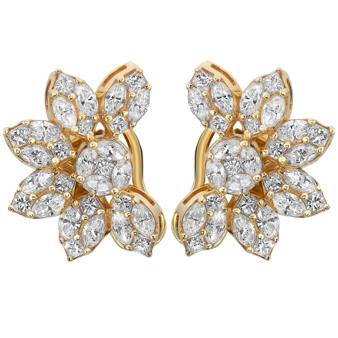 Rachel Koen 14K Yellow Gold Flower Stud Earrings 2.96Cttw Diamonds: Rachel Koen 14K Yellow Gold Flower Stud Earrings 2.96Cttw Diamonds These exquisite flower stud earrings are crafted from radiant 14K yellow gold and feature a stunning arrangement of prong-set marquis