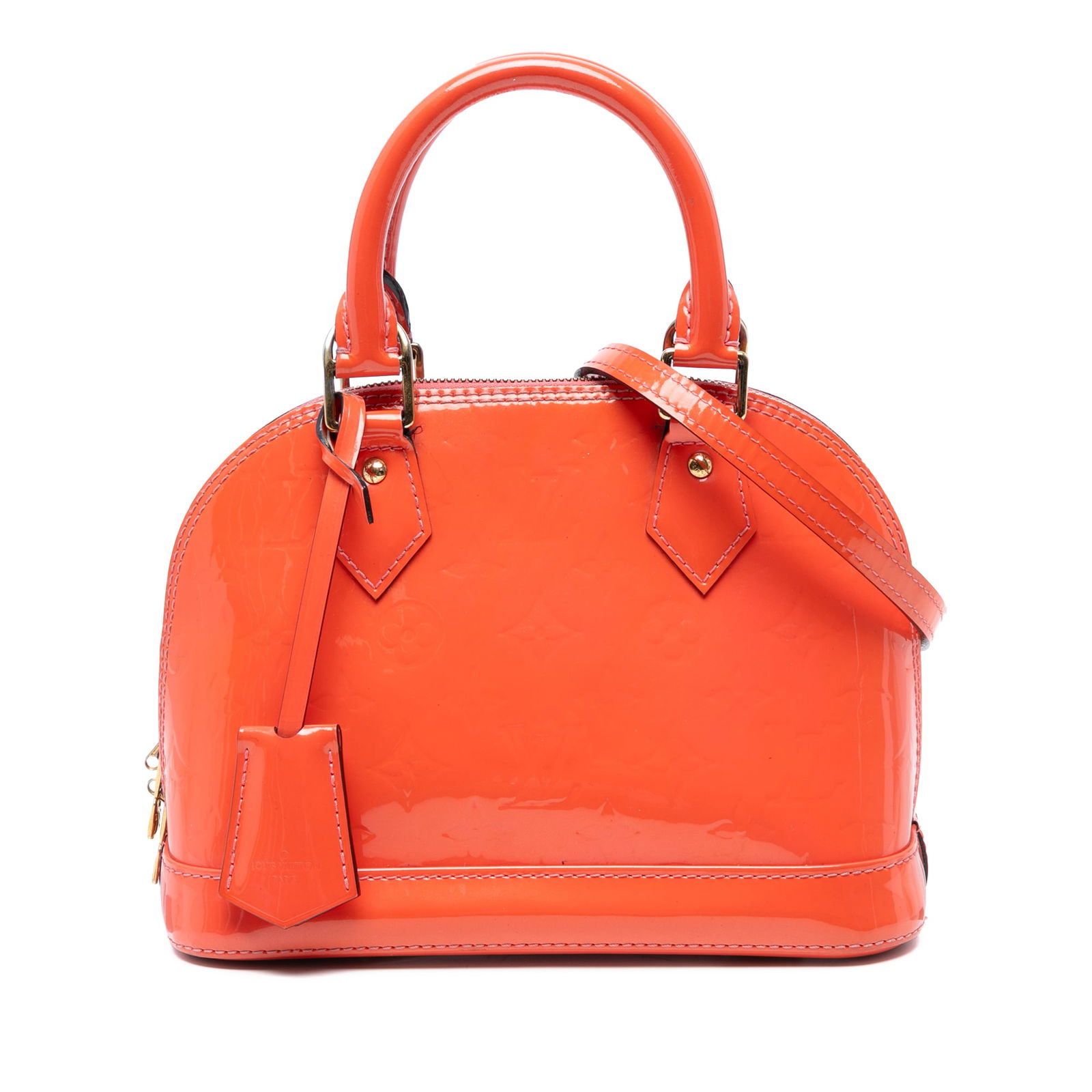 Louis Vuitton Monogram Vernis Alma BB Orange Leather Handbag: Louis Vuitton Monogram Vernis Alma BB Orange Leather Handbag This Louis Vuitton Monogram Vernis Alma BB is a stylish and functional handbag crafted from high-quality vernis leather in a vibrant orange