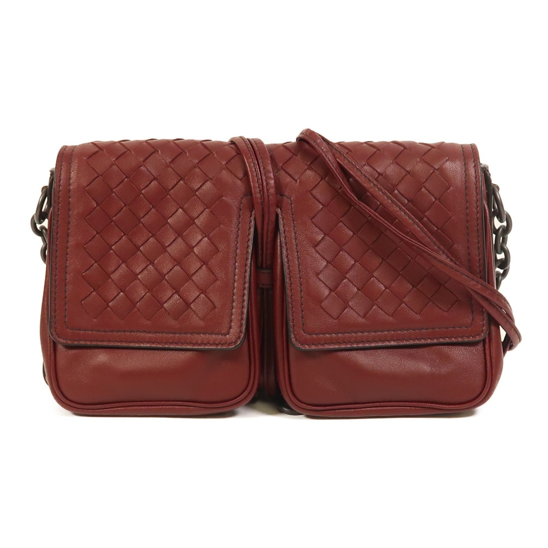 BOTTEGA VENETA Calfskin Leather Shoulder Bag in Wine Red: BOTTEGA VENETA Calfskin Leather Shoulder Bag in Wine Red This exquisite Bottega Veneta shoulder bag is crafted from luxurious calfskin leather in a stunning wine color. With dimensions of 5.7 in heigh