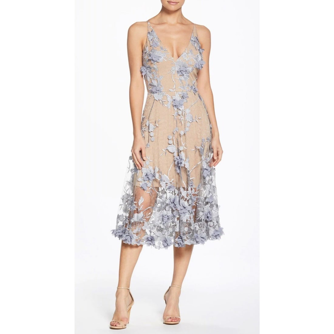 Dress The Population Audrey 3D Floral Midi Dress Blue Nude L: Dress The Population Audrey 3D Floral Midi Dress Blue Nude L Elevate your wardrobe with the stunning Audrey Sleeveless Bodice Flowy 3D Floral Dress. This exquisite piece features a floral pattern with
