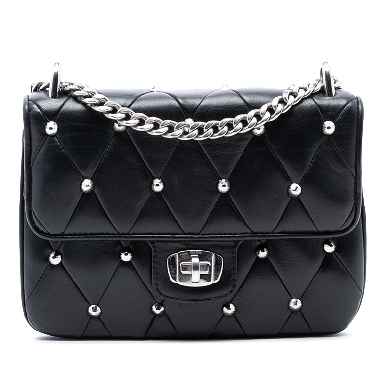 Black Leather Crossbody Bag with Studs by Miu Miu Matelasse: Black Leather Crossbody Bag with Studs by Miu Miu Matelasse This Miu Miu crossbody bag features a black quilted leather body adorned with stud details. It includes a chain link strap with a leather gu