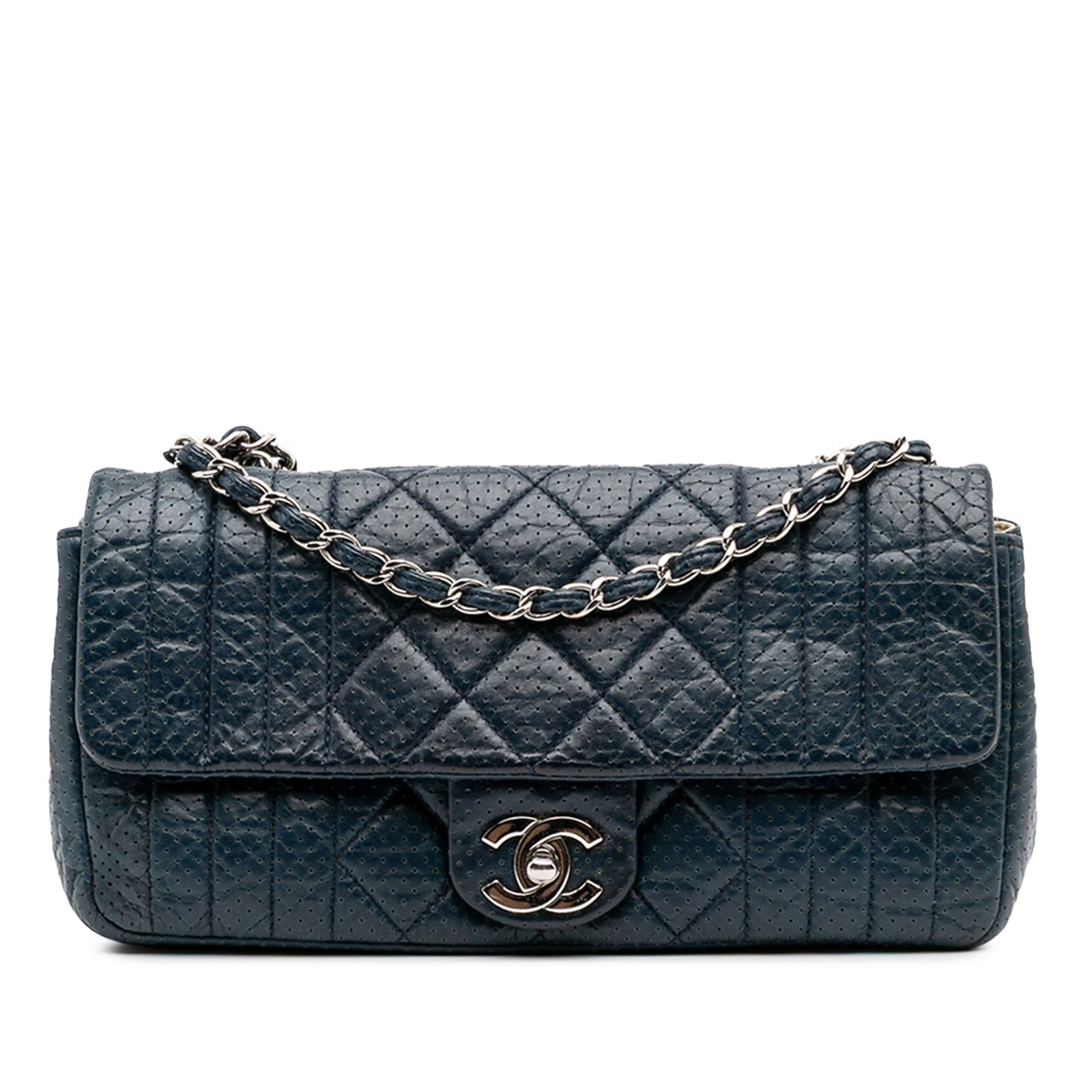 Chanel CC Quilted Perforated Blue Calfskin Flap Bag: Chanel CC Quilted Perforated Blue Calfskin Flap Bag This stylish Chanel crossbody bag showcases a perforated calfskin leather body in a striking blue hue. It features a leather-woven chain link strap,