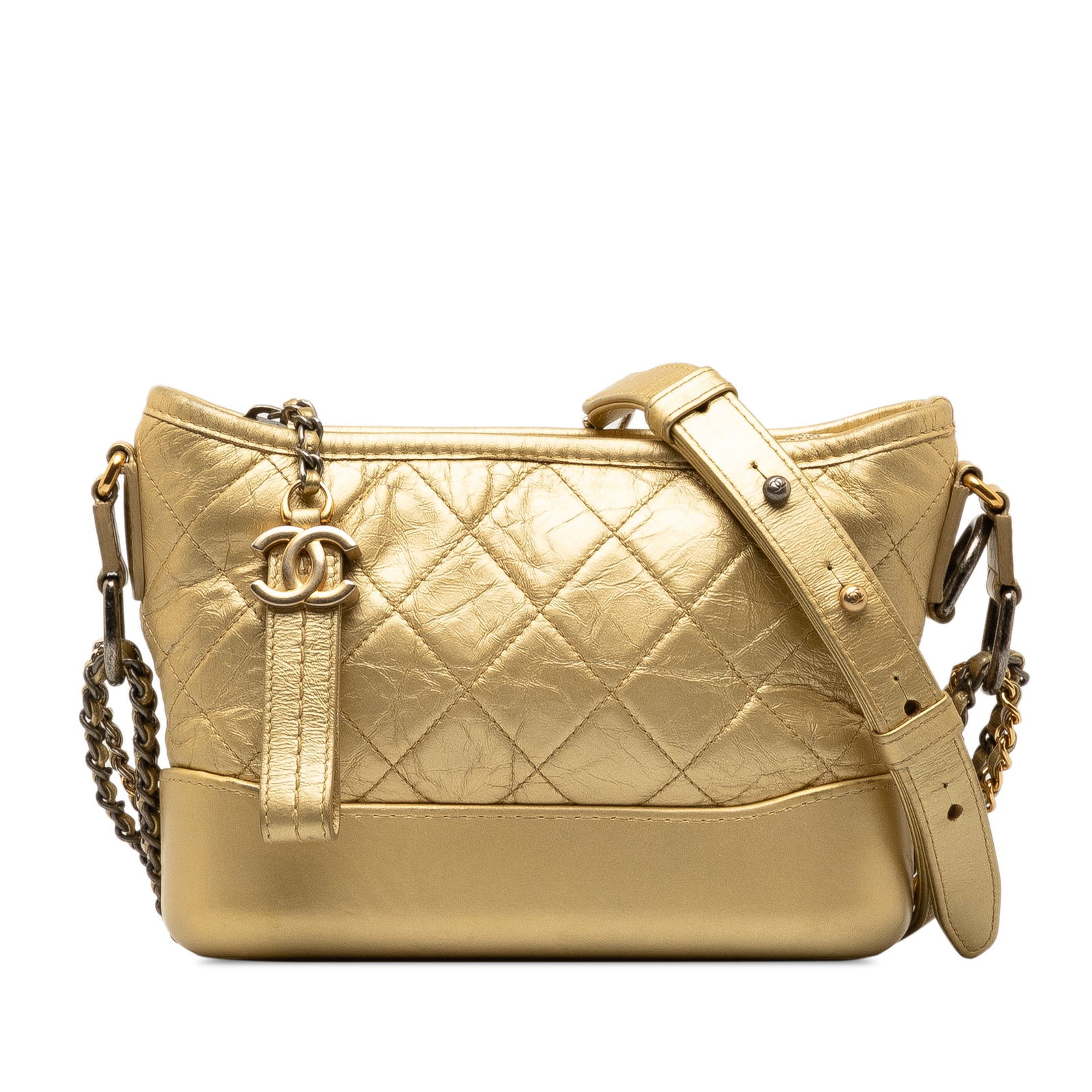 Chanel Small Metallic Lambskin Gabrielle Crossbody Bag Gold Leather: Chanel Small Metallic Lambskin Gabrielle Crossbody Bag Gold Leather Introducing the Chanel Small Metallic Lambskin Gabrielle Crossbody, a stunning accessory crafted from luxurious quilted lambskin lea
