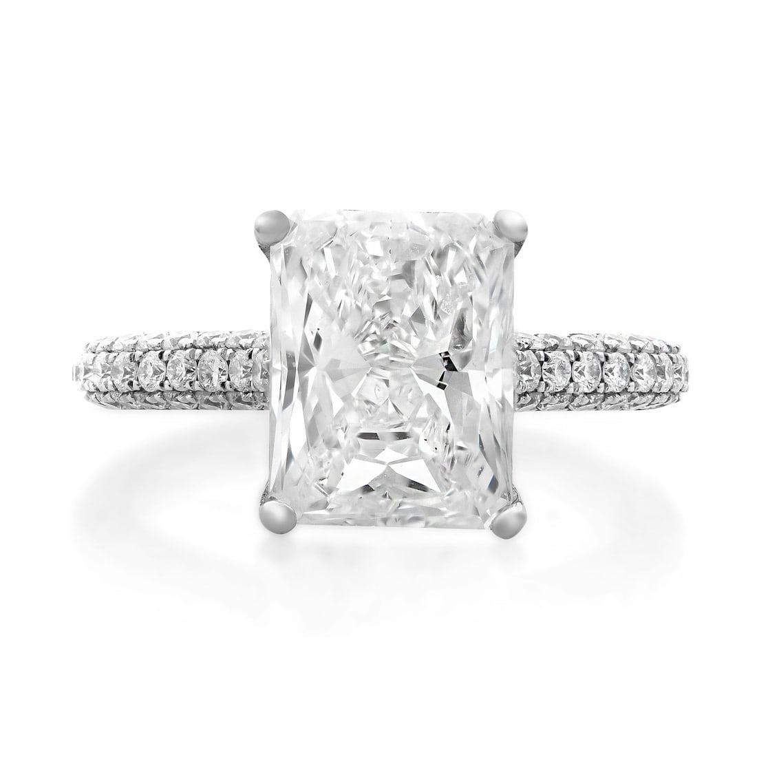 Rachel Koen 18K White Gold GIA Radiant Diamond Engagement Ring 2.53ct: Rachel Koen 18K White Gold GIA Radiant Diamond Engagement Ring 2.53ct This stunning engagement ring showcases a radiant cut diamond weighing 2.53 carats, accompanied by three rows of pave-set round br