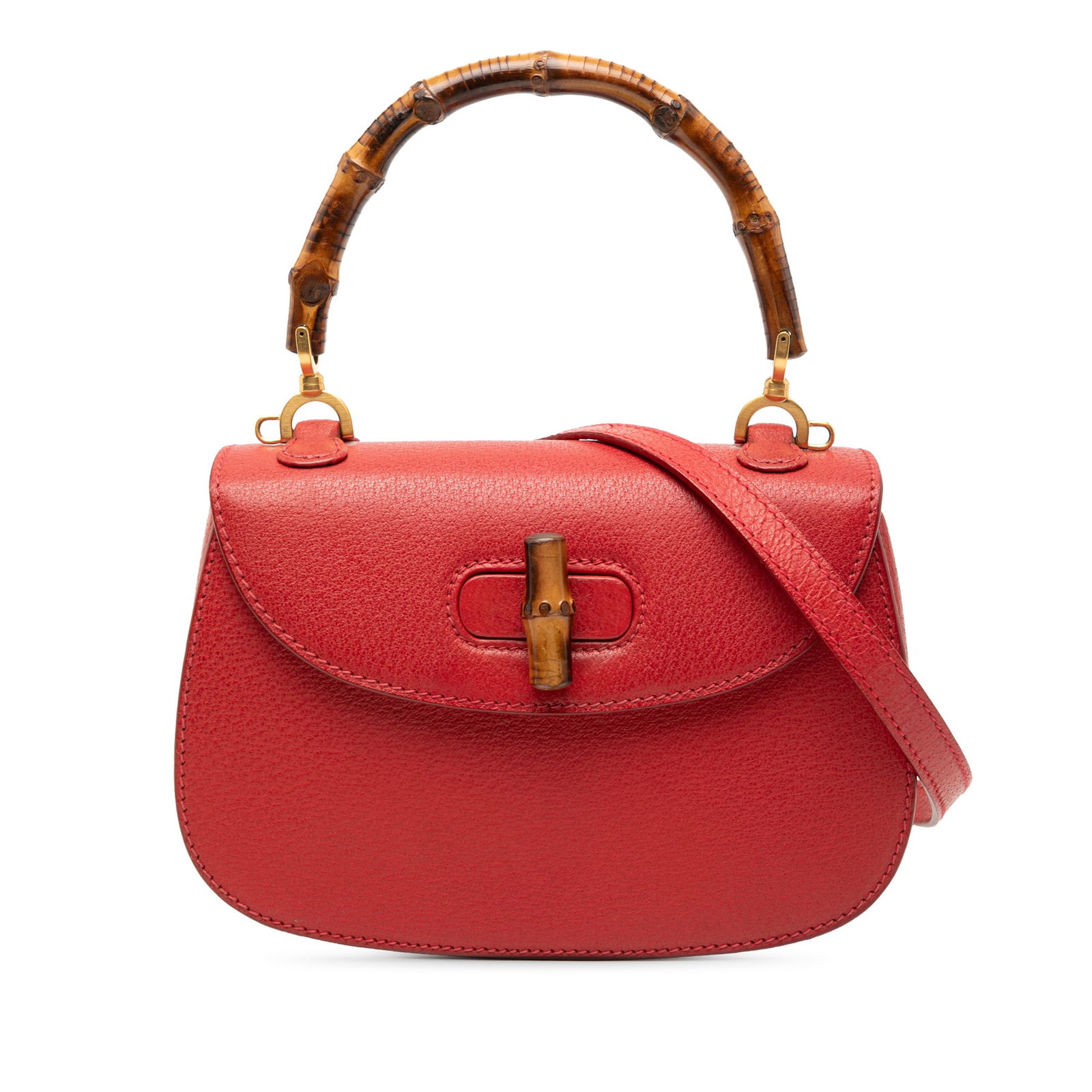 Gucci Red Grained Calfskin Bamboo Night Bag with Top Handle: Gucci Red Grained Calfskin Bamboo Night Bag with Top Handle The Gucci Grained Calfskin Bamboo Night is a stylish handbag crafted from premium leather, featuring a distinctive bamboo top handle and a d