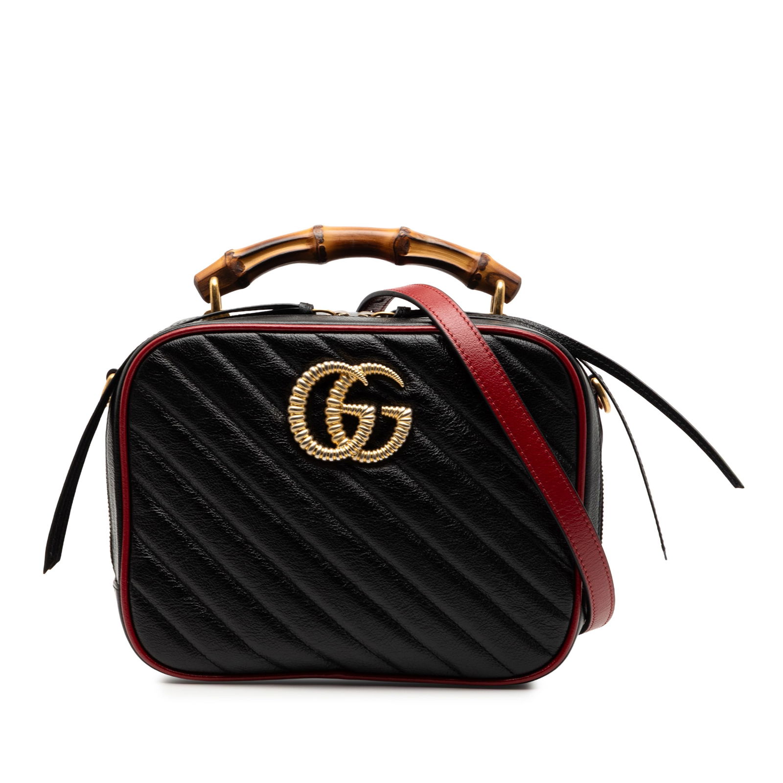 Gucci GG Marmont Small Black Leather Bamboo Handle Satchel Bag: Gucci GG Marmont Small Black Leather Bamboo Handle Satchel Bag This Gucci Small GG Marmont Matelasse Diagonal Leather Torchon Bamboo Satchel showcases a quilted leather body in black, complemented by