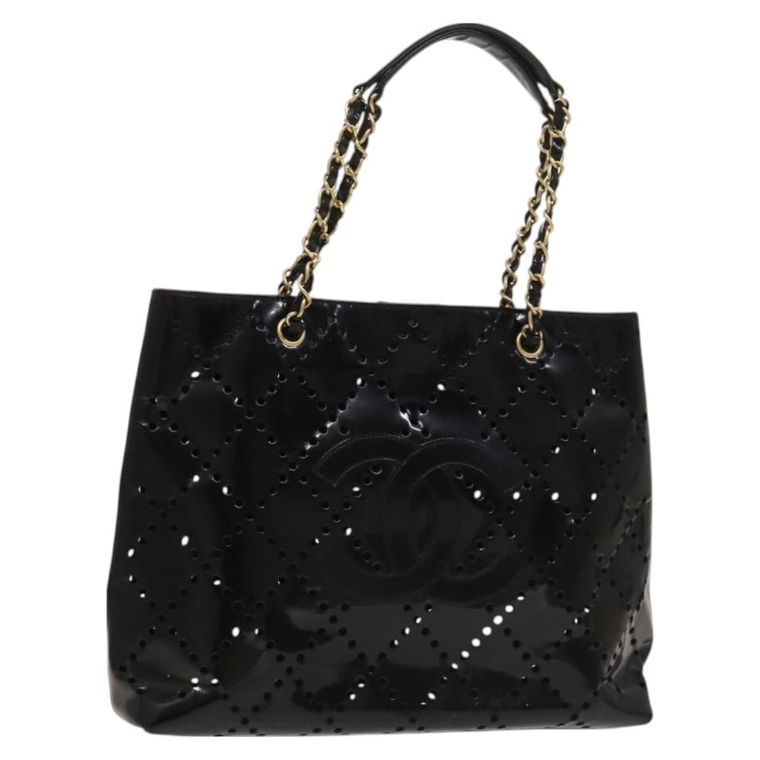 Chanel Black Tote Bag with CC Logo and Chain Handles: Chanel Black Tote Bag with CC Logo and Chain Handles This pre-owned Chanel CC Chain Tote in black features the classic Coco Mark design and chain handles. The bag is in fair condition with visible sig