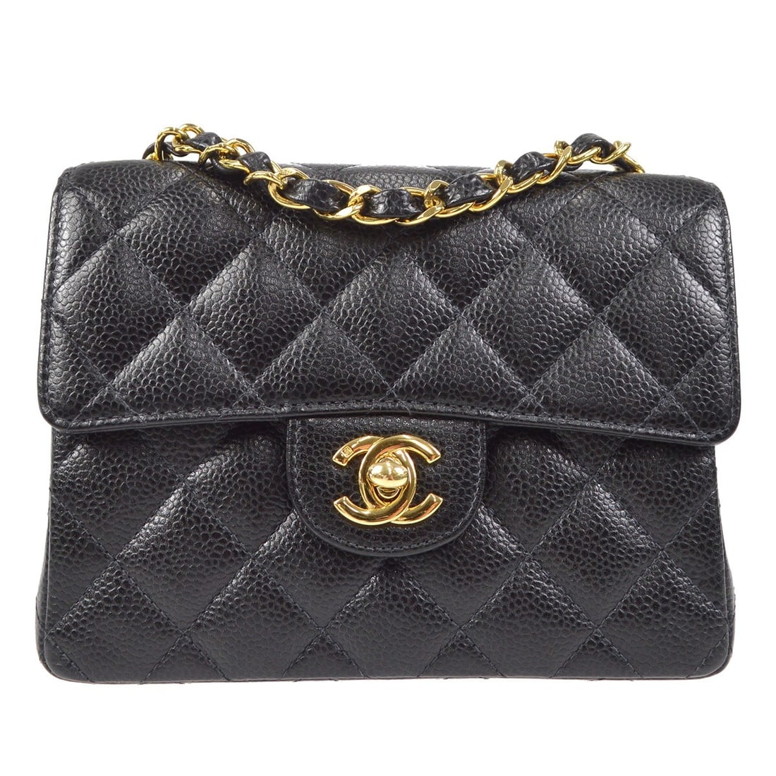Chanel Black Caviar Mini Classic Square Flap Bag: Chanel Black Caviar Mini Classic Square Flap Bag Elevate your accessory collection with the Chanel Black Calfskin Mini Classic Square Flap Bag. This stylish small bag features a quilted caviar skin le