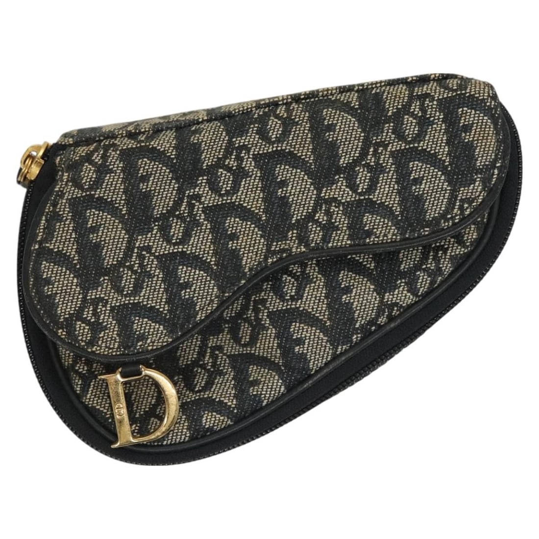 Navy Saddle Zip Pouch by Christian Dior: Navy Saddle Zip Pouch by Christian Dior This Christian Dior Saddle zip pouch features a navy exterior with metal fittings. The bag is designed for female use and shows signs of wear including some out
