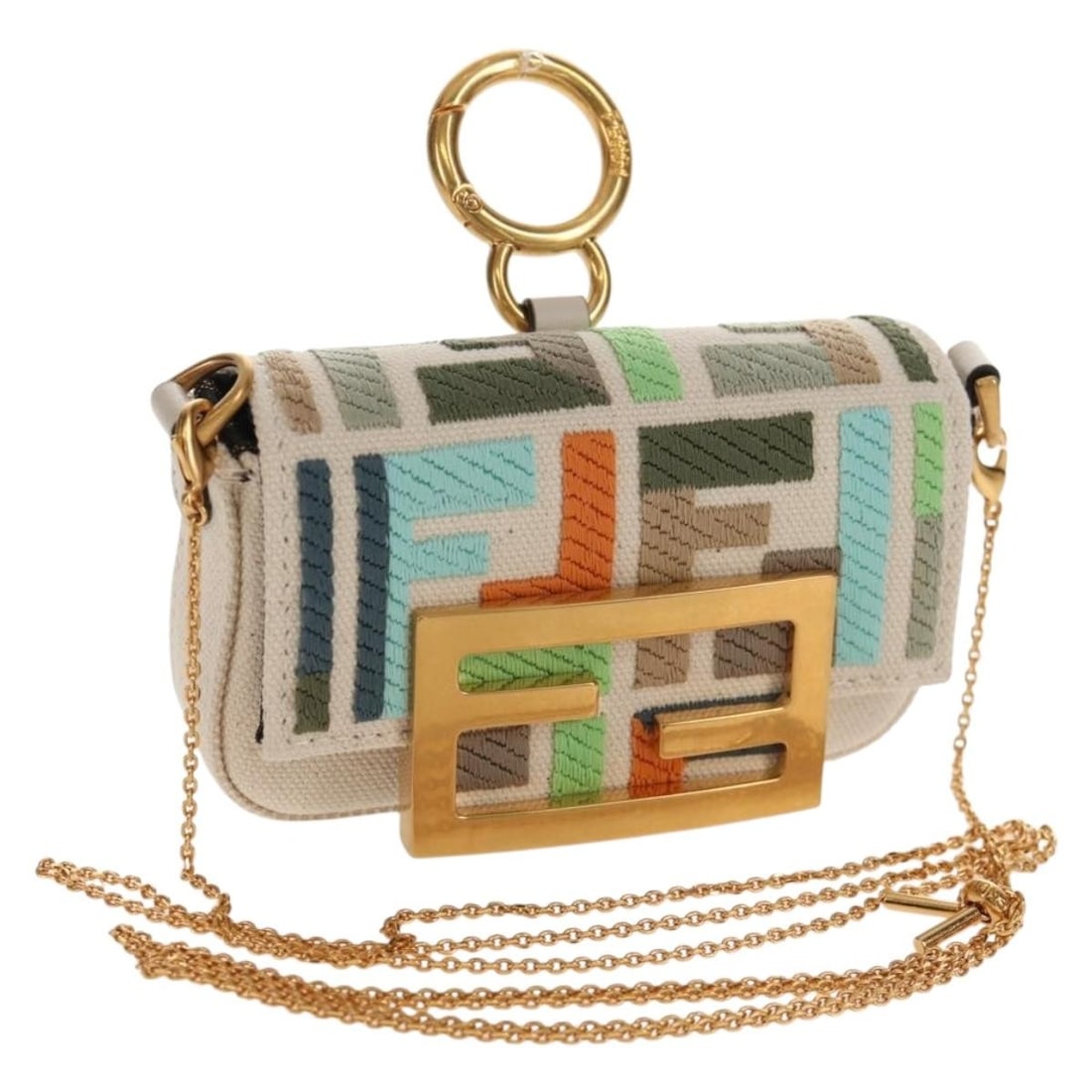 FENDI Multicolor Zucca Canvas Nano Baguette Pouch Auth 153326M: FENDI Multicolor Zucca Canvas Nano Baguette Pouch Auth 153326M This FENDI Nano Baguette Pouch is a chic and compact accessory crafted from iconic Zucca canvas in a vibrant multicolor design. Perfectly