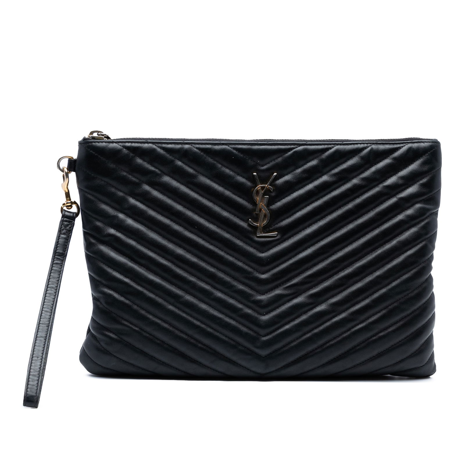 Saint Laurent Black Chevron Calfskin Monogram Zip A4 Pouch: Saint Laurent Black Chevron Calfskin Monogram Zip A4 Pouch The Saint Laurent Chevron Calfskin Monogram Zip A4 Pouch is a sophisticated clutch bag crafted from quilted leather in a classic black finish