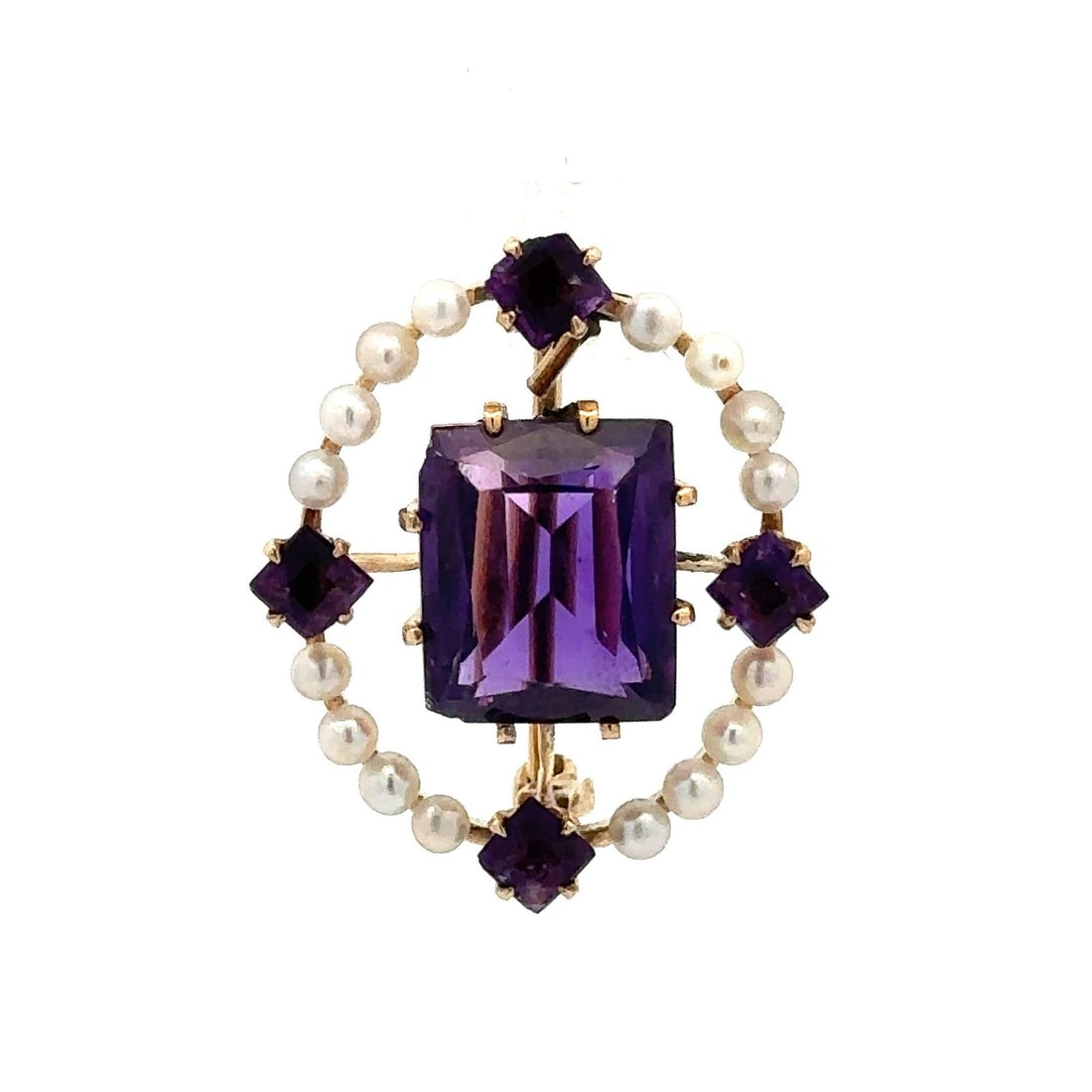 Antique 14k Yellow Gold Amethyst Seed Pearl Halo Brooch (1 of 5)