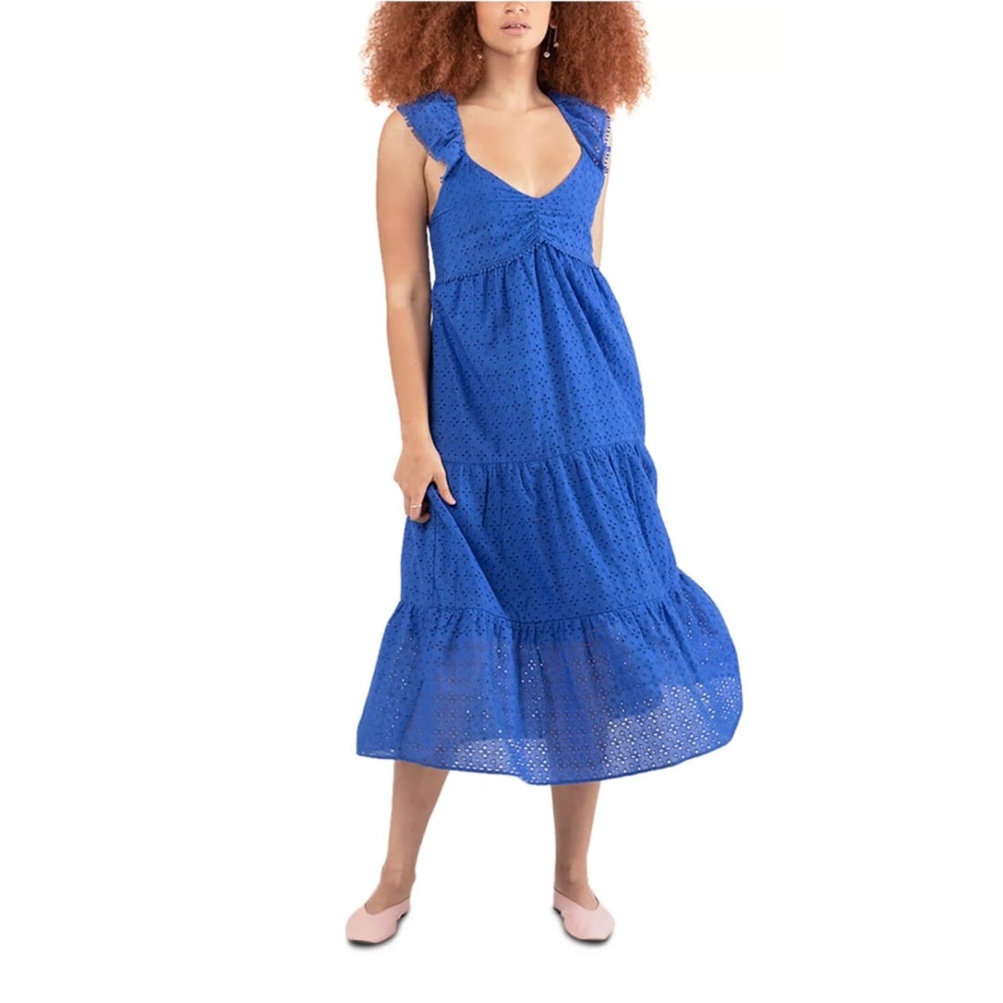 BLACK TAPE Bright Blue Cotton Eyelet Embroidered Midi Dress M: BLACK TAPE Bright Blue Cotton Eyelet Embroidered Midi Dress M Elevate your wardrobe with this stunning BLACK TAPE Women's Cotton Tiered Eyelet Embroidered Midi Dress in Bright Blue. Crafted from 100%