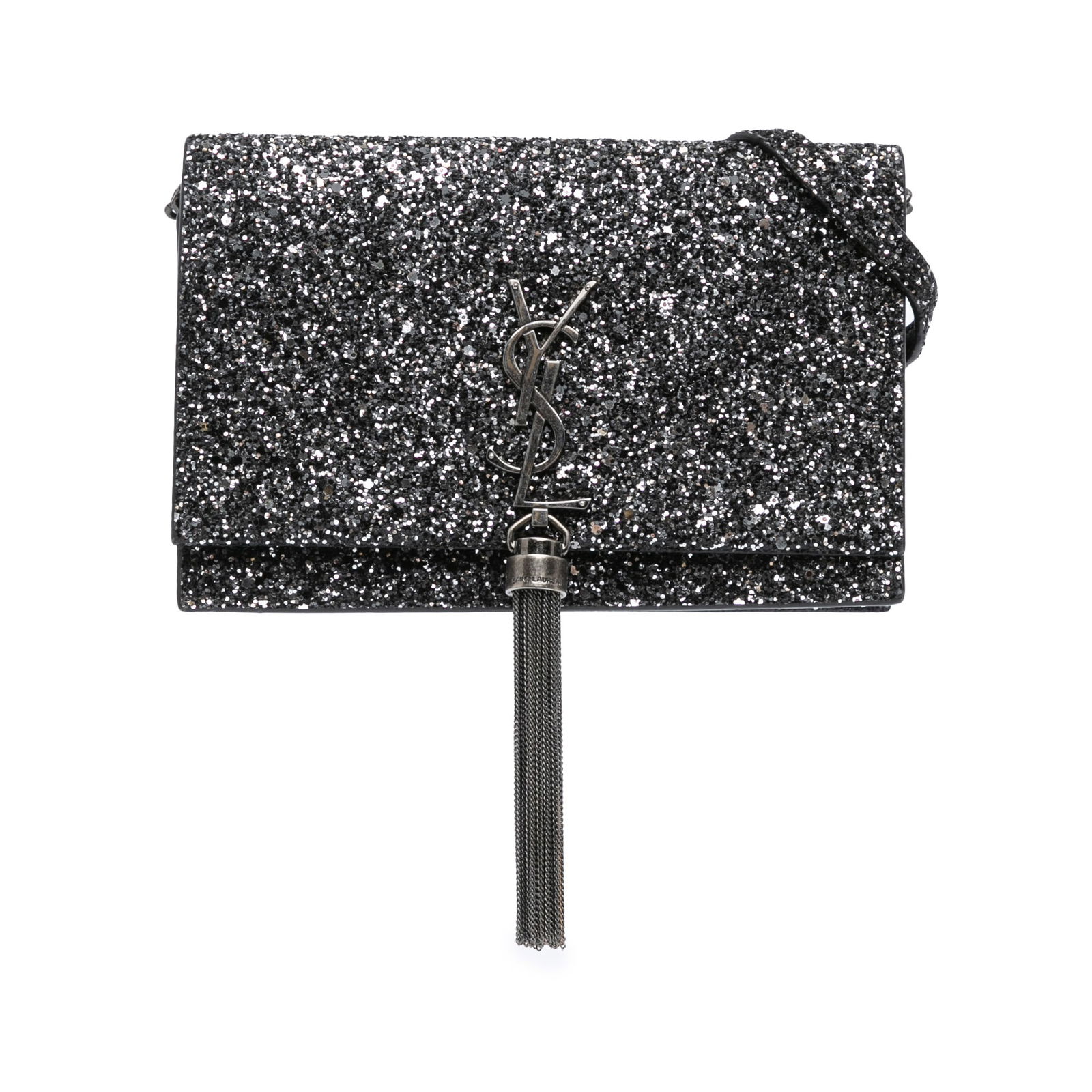 Saint Laurent Black Glitter Monogram Kate Wallet with Chain Strap: Saint Laurent Black Glitter Monogram Kate Wallet with Chain Strap The Saint Laurent Metallic Glitter Monogram Kate Tassel Chain Wallet is a stylish crossbody bag crafted from embellished black leather