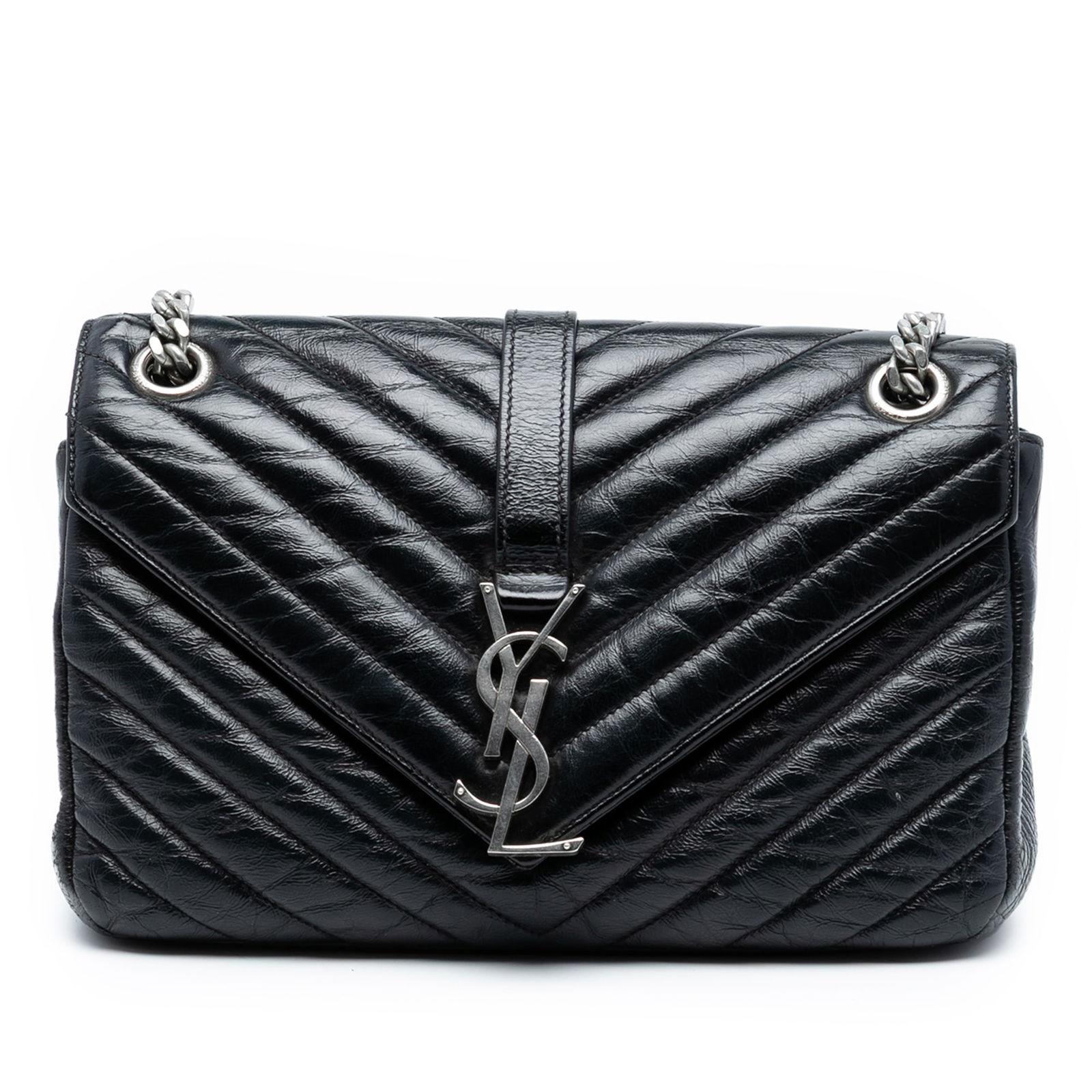 Saint Laurent Punk Chain Shoulder Bag in Black Crinkled Calfskin Medium: Saint Laurent Punk Chain Shoulder Bag in Black Crinkled Calfskin Medium This Saint Laurent Medium Crinkled Calfskin Punk Chain Bag features a quilted leather body in black, curb chain shoulder straps