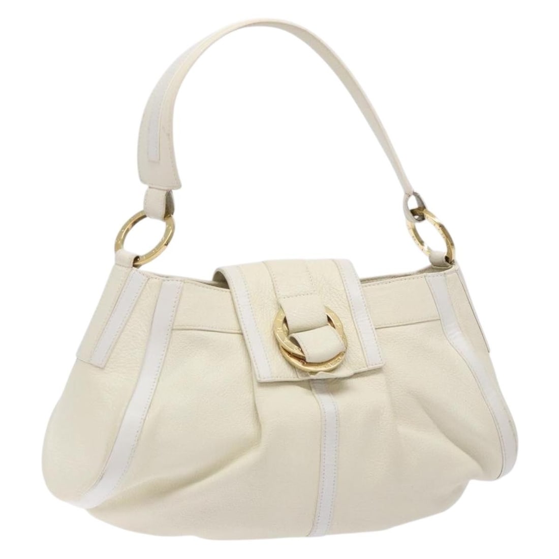 Chandra Beige Top Handle Shoulder Bag by Bvlgari: Chandra Beige Top Handle Shoulder Bag by Bvlgari This Bvlgari Chandra top handle bag features a beige exterior with a shoulder strap. The bag shows signs of use, including some loss of shape, slight r