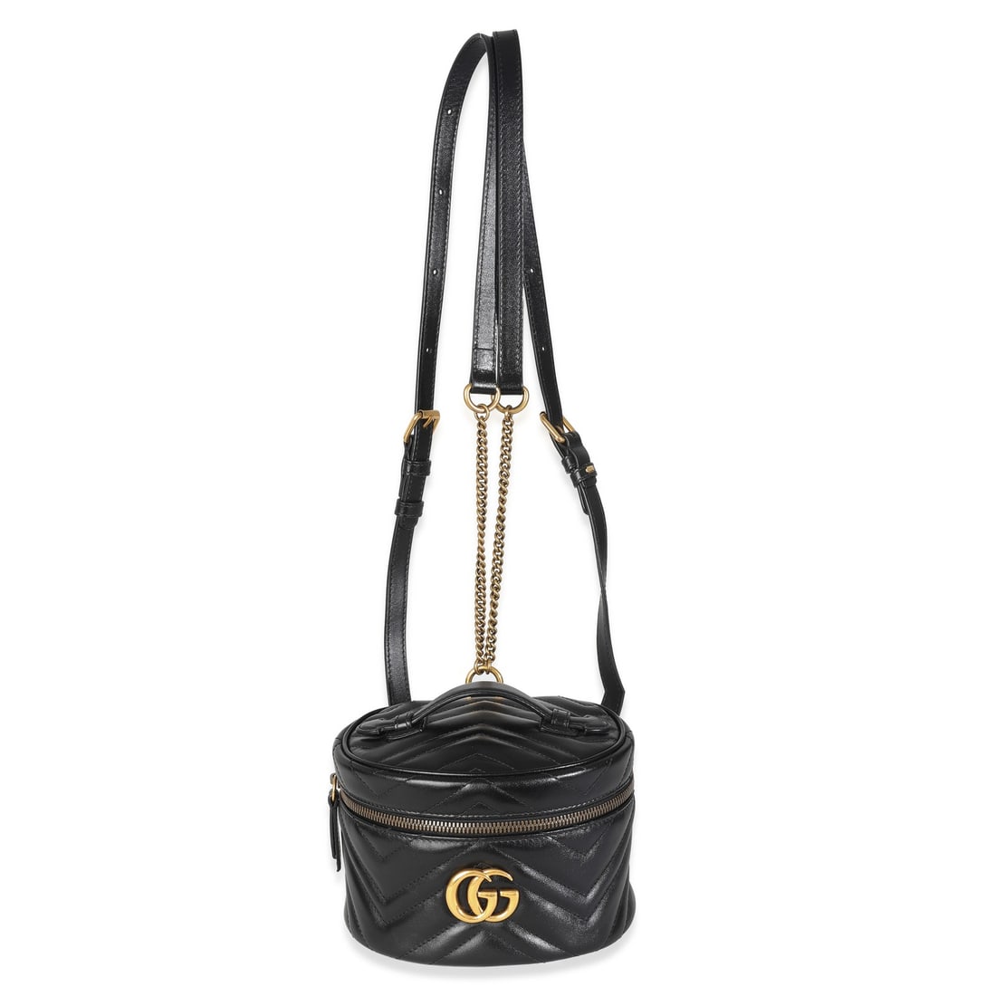 Gucci Mini GG Marmont Round Backpack Black Calfskin Gold-Tone Hardware: Gucci Mini GG Marmont Round Backpack Black Calfskin Gold-Tone Hardware This Gucci Mini GG Marmont Round Backpack is a stylish accessory crafted from luxurious black calfskin leather. Designed with bot