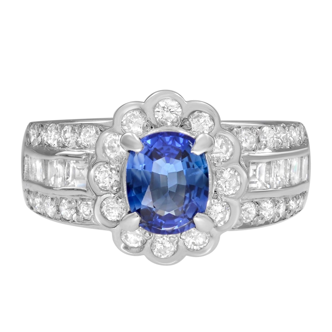 Rachel Koen Blue Sapphire Diamond Halo Platinum Cocktail Ring Size 5.75: Rachel Koen Blue Sapphire Diamond Halo Platinum Cocktail Ring Size 5.75 This stunning cocktail ring by Rachel Koen showcases a captivating center oval cut Blue Sapphire weighing 1.02 carats, elegantly