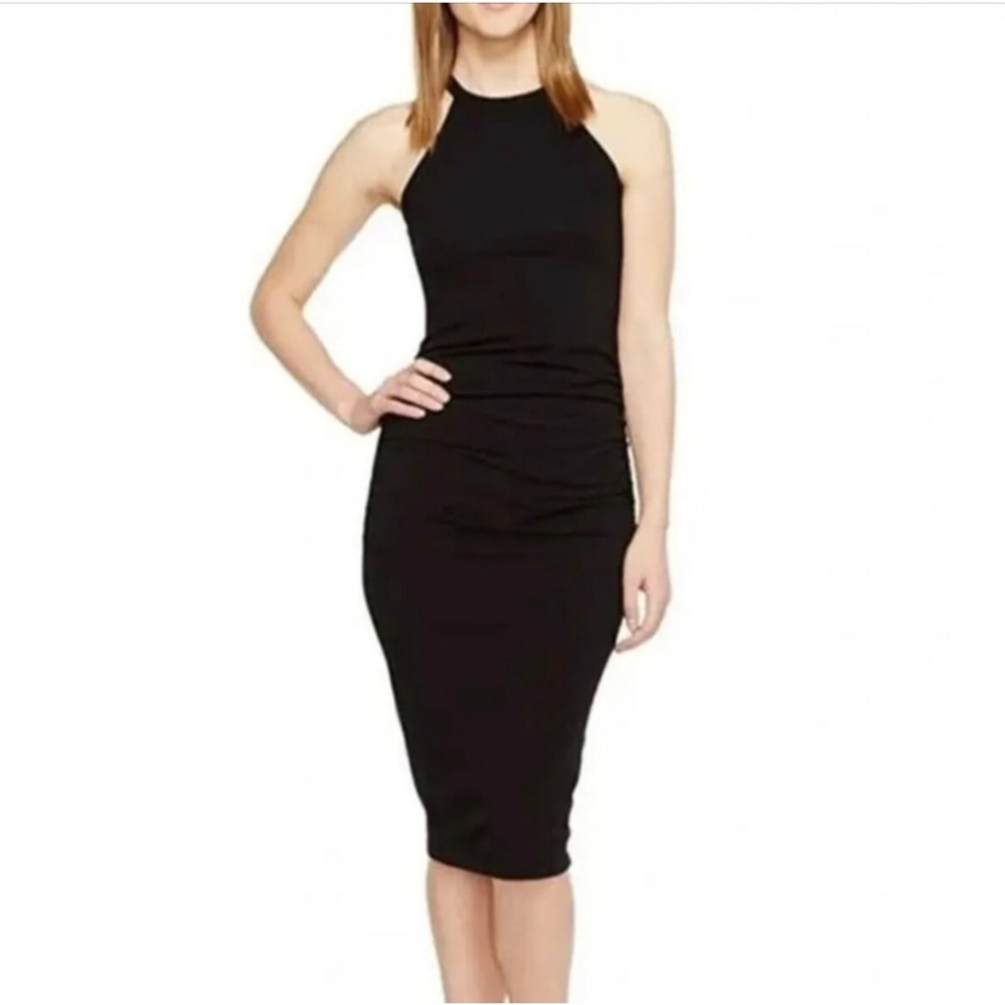 Michael Stars Black Halter Neck Racerback Midi Dress XL: Michael Stars Black Halter Neck Racerback Midi Dress XL Elevate your wardrobe with this stunning Michael Stars Halter Neck Racerback Ruched Sides Midi Dress in classic black. Tailored for a flattering