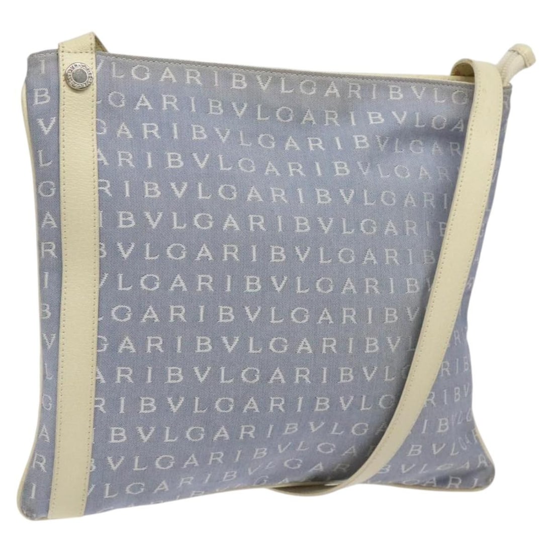 Light Blue B.Zero1 Logomania Shoulder Bag by Bvlgari: Light Blue B.Zero1 Logomania Shoulder Bag by Bvlgari This is a Bvlgari B.Zero1 Logomania shoulder bag in light blue, designed for women. The bag features a leather exterior with visible signs of wear,