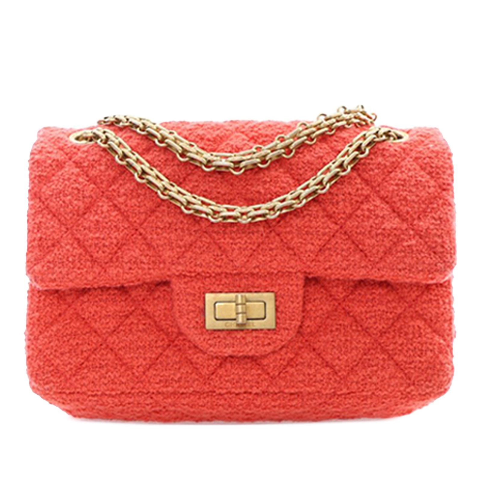 Chanel Mini Reissue 2.55 Tweed Flap Bag Red Gold Tone: Chanel Mini Reissue 2.55 Tweed Flap Bag Red Gold Tone This Chanel Mini Reissue 2.55 Tweed Single Flap bag showcases a stylish tweed body in a vibrant red color. It features elegant gold-tone chain lin