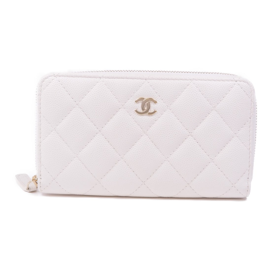 CHANEL White Calfskin Leather Zipped Wallet GHW France: CHANEL White Calfskin Leather Zipped Wallet GHW France This elegant CHANEL zipped wallet is crafted from premium calfskin leather in a pristine white color. Designed as an around long wallet, it showc