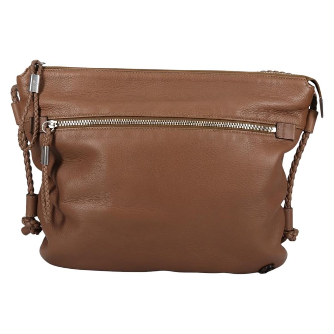 Brown Shoulder Bag with Braided Strap by Gucci: Brown Shoulder Bag with Braided Strap by Gucci This pre-owned Gucci braided strap zip messenger shoulder bag features a brown exterior and is designed for female use. The bag shows signs of use, inclu