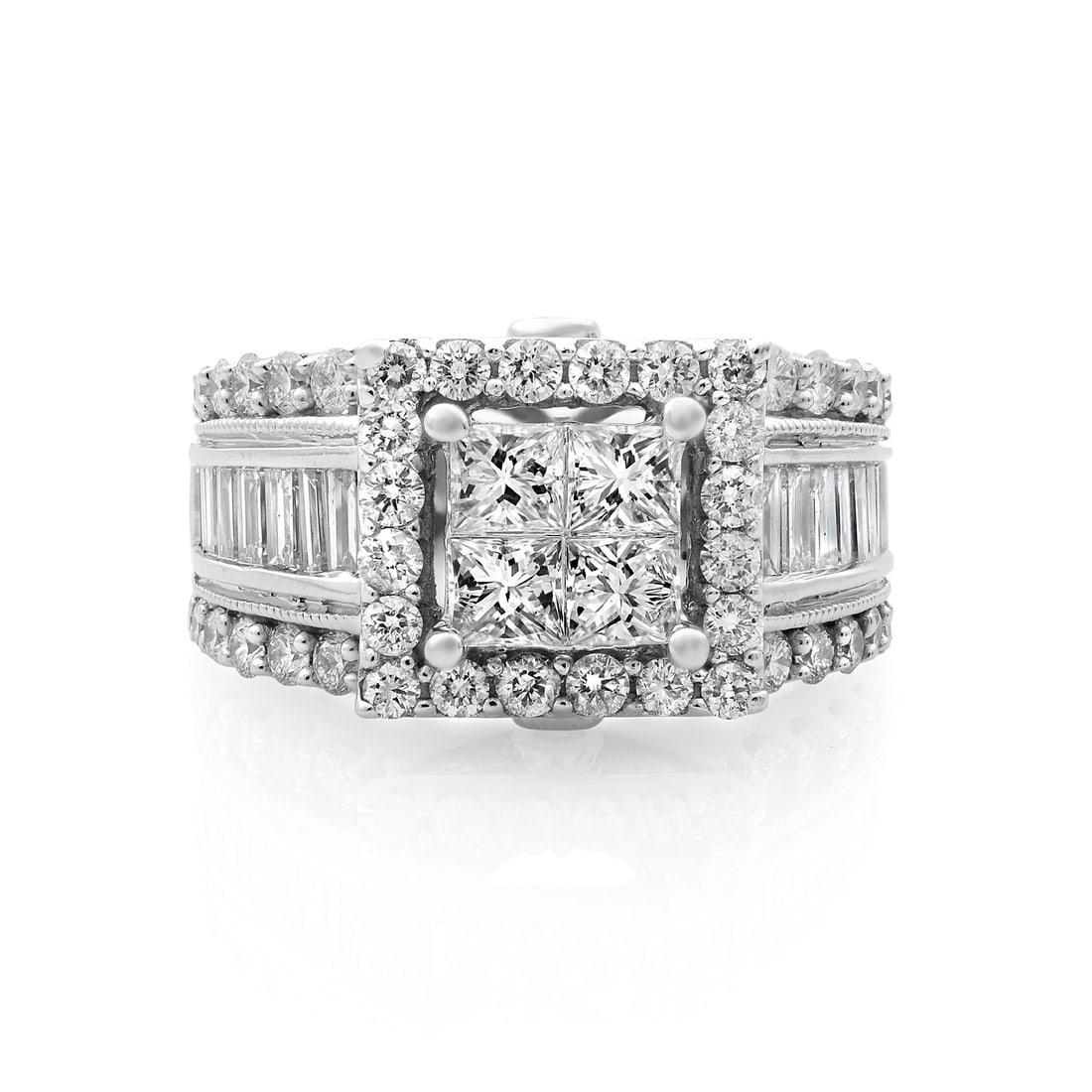 Rachel Koen 14K White Gold Princess Cut Diamond Engagement Ring 2.00cttw: Rachel Koen 14K White Gold Princess Cut Diamond Engagement Ring 2.00cttw This stunning engagement ring by Rachel Koen features a captivating design crafted from 14K white gold. At its center, a quarte
