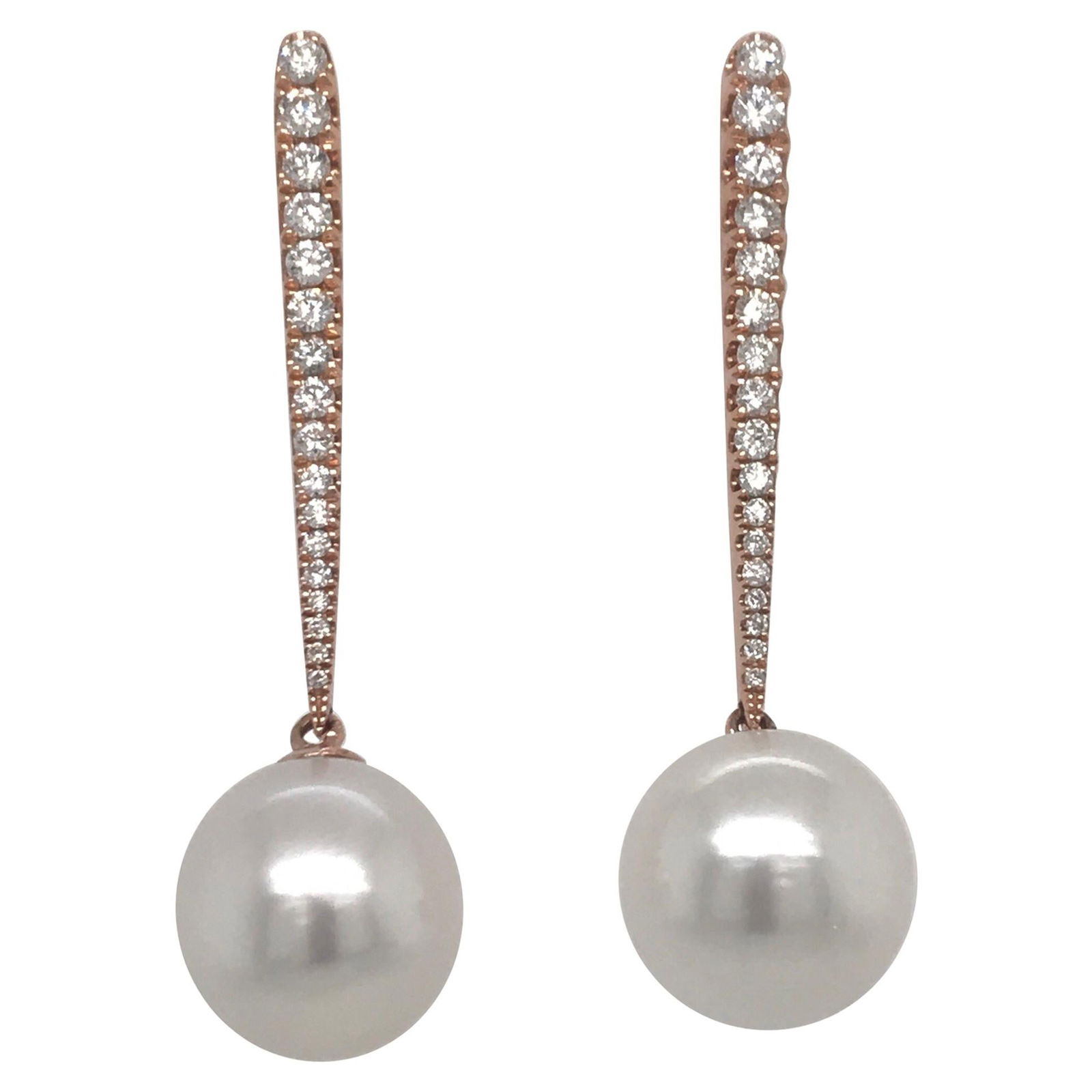 Harbor Diamonds 18K Rose Gold South Sea Pearl Diamond Bar Earrings: Harbor Diamonds 18K Rose Gold South Sea Pearl Diamond Bar Earrings Elevate your elegance with these stunning South Sea Pearl Diamond Bar Drop Earrings. Crafted in luxurious 18K rose gold, these earrin