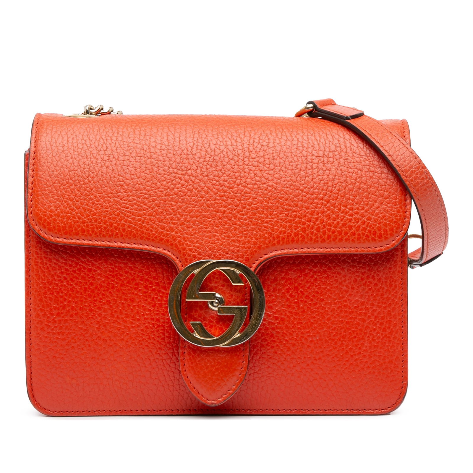 Gucci Small Dollar Calfskin Orange Crossbody Bag with Interlocking G: Gucci Small Dollar Calfskin Orange Crossbody Bag with Interlocking G Elevate your style with this Gucci Small Dollar Calfskin Interlocking G Crossbody bag. Crafted from high-quality leather, this bag