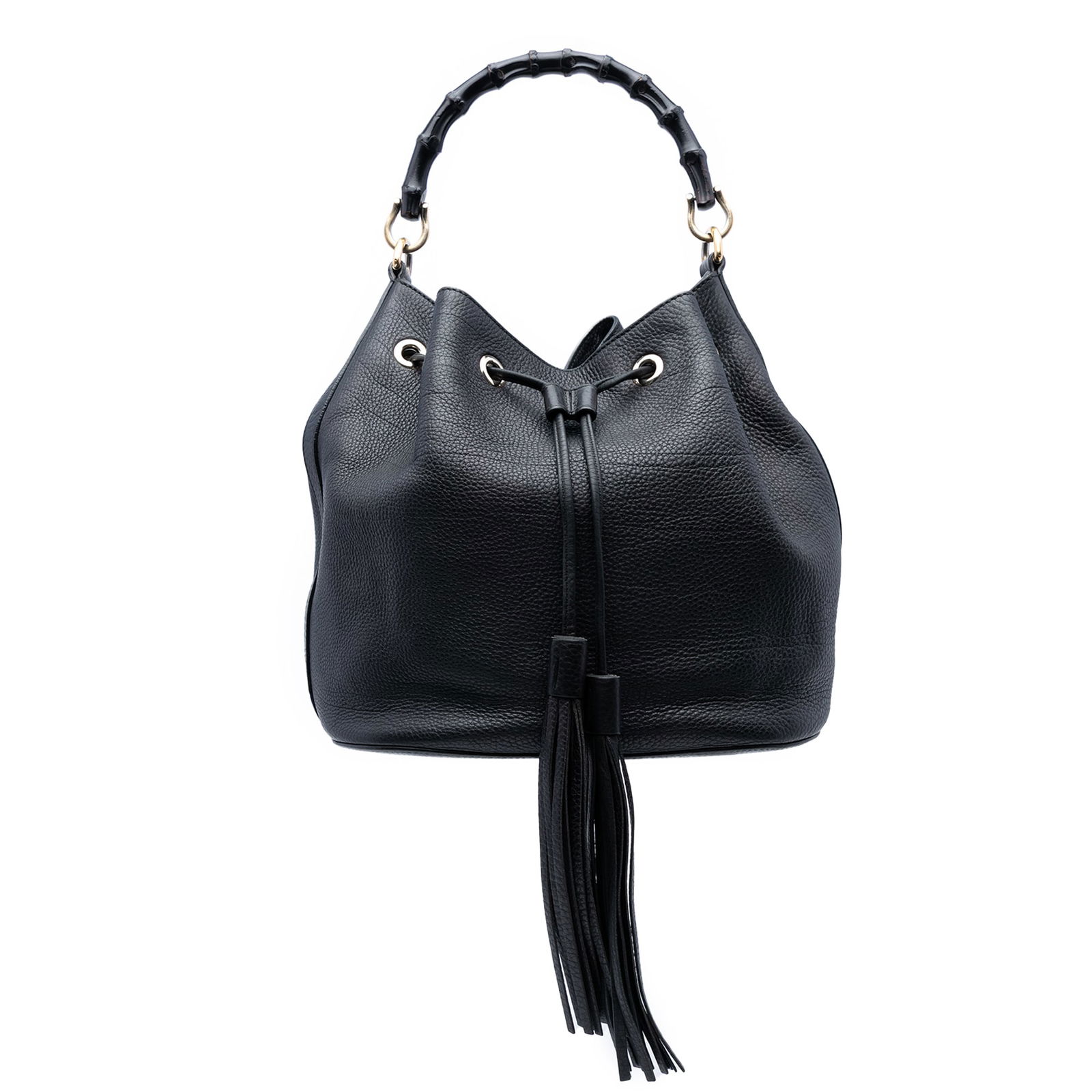 Gucci Pebbled Calfskin Miss Bamboo Bucket Bag with Tassel: Gucci Pebbled Calfskin Miss Bamboo Bucket Bag with Tassel Introducing the Gucci Pebbled Calfskin Miss Bamboo Tassel Bucket Bag, a luxurious accessory that combines style and functionality. This elegan