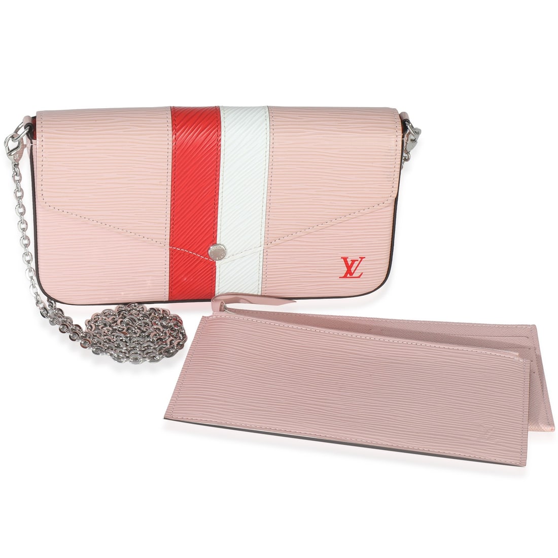 Felicie Pochette Shoulder Bag in Pink Epi Stripe Leather with Dustbag: Felicie Pochette Shoulder Bag in Pink Epi Stripe Leather with Dustbag This Louis Vuitton Felicie Pochette is crafted from Epi leather in a striking Rose Ballerine stripe pattern, featuring shades of p
