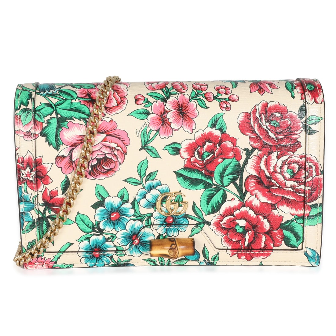 Gucci Diana Floral Calfskin Bamboo Chain Wallet Beige Multicolor: Gucci Diana Floral Calfskin Bamboo Chain Wallet Beige Multicolor The Gucci New Shanghai Floral Calfskin Bamboo Diana Chain Wallet is a stylish shoulder bag that combines elegance with functionality. M