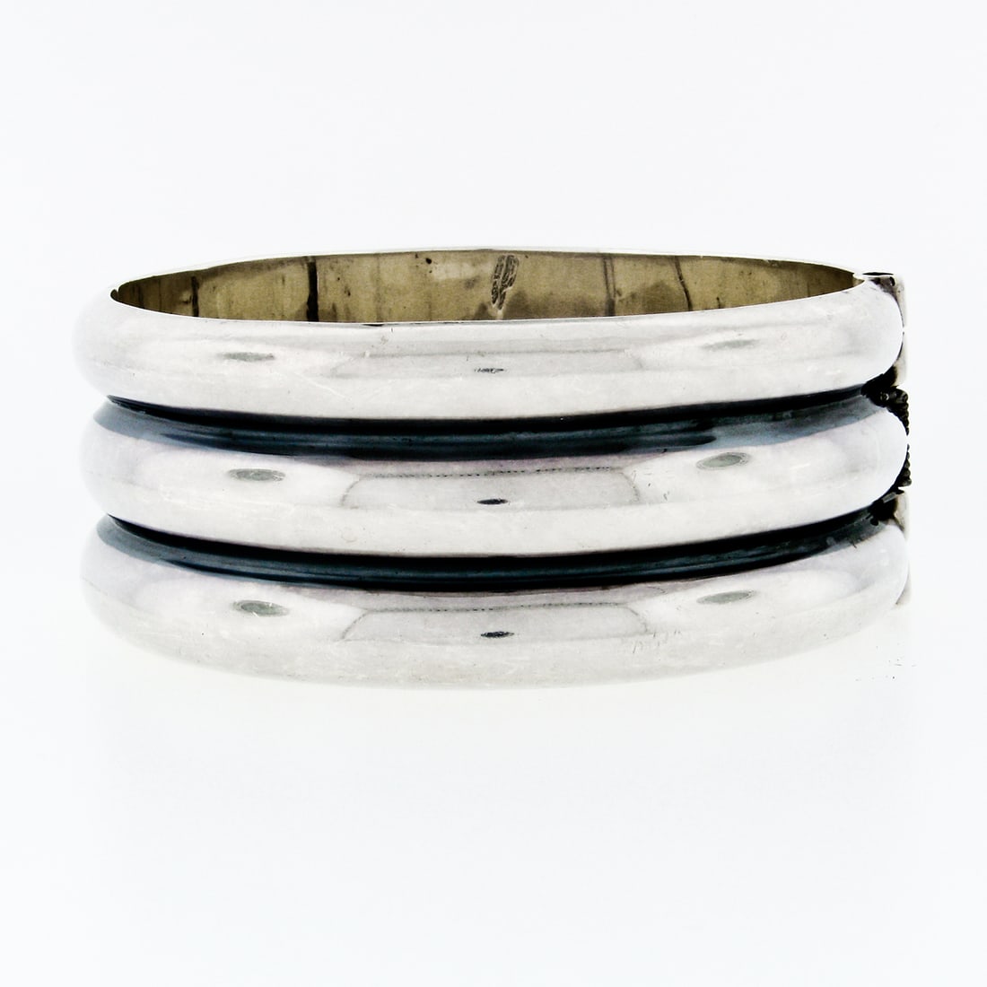 Vintage Wide .925 Sterling Silver Grooved Hinged Cuff Bangle Bracelet (1 of 7)