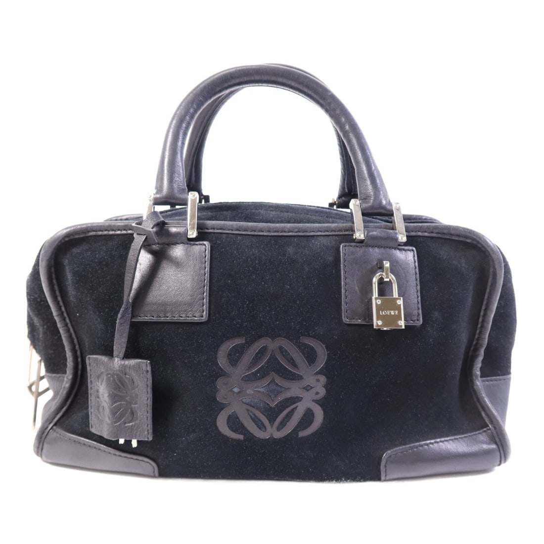 Loewe Amazona Small Black Suede and Calfskin Leather Handbag: Loewe Amazona Small Black Suede and Calfskin Leather Handbag This LOEWE Amazona Small handbag features a black suede exterior with calfskin leather accents. The bag is designed for regular use and sho