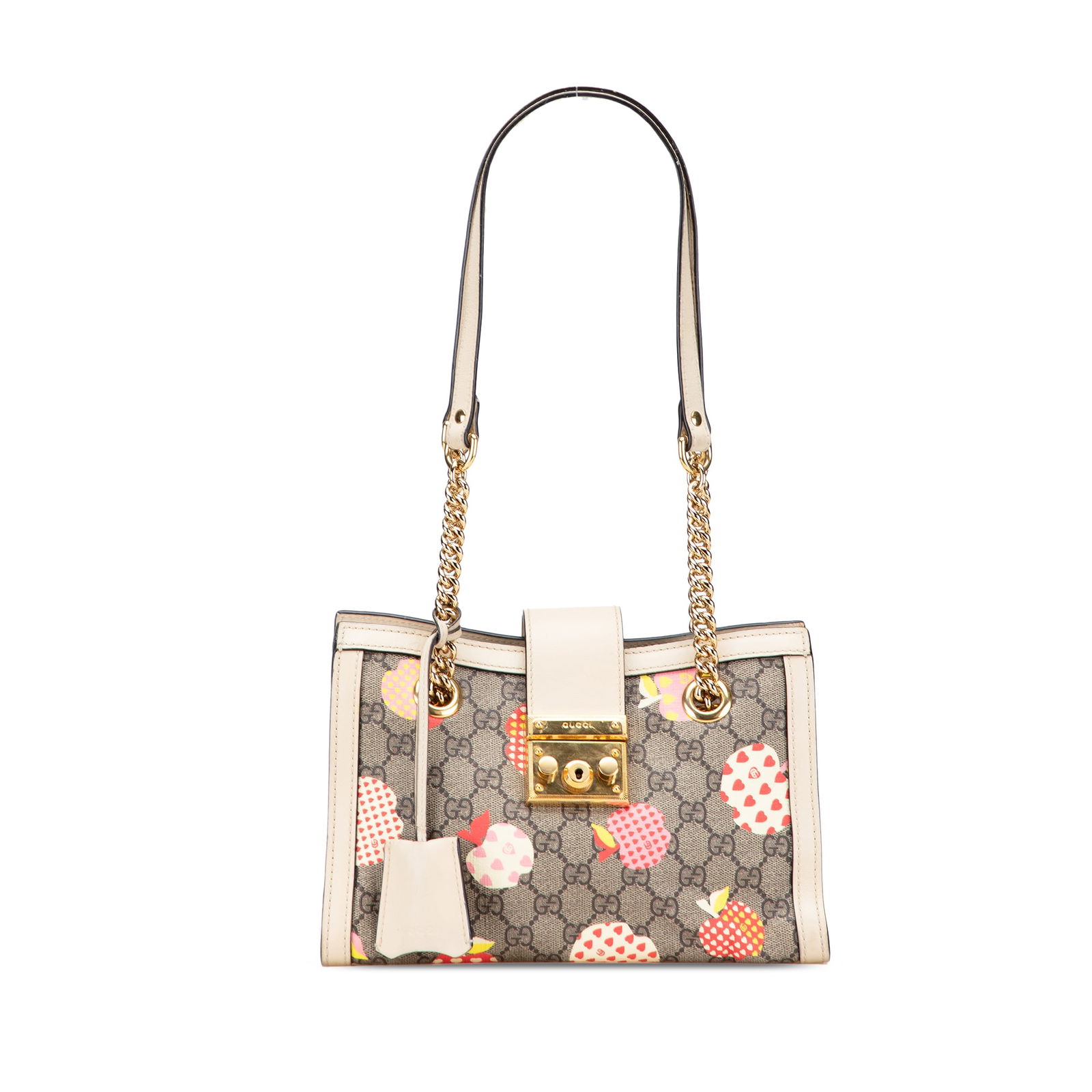 Gucci Small GG Supreme Apple Heart Tote Bag Italy: Gucci Small GG Supreme Apple Heart Tote Bag Italy Introducing the Gucci Small GG Supreme Apple Heart Padlock Tote, an exquisite blend of style and functionality. This tote features a printed coated ca
