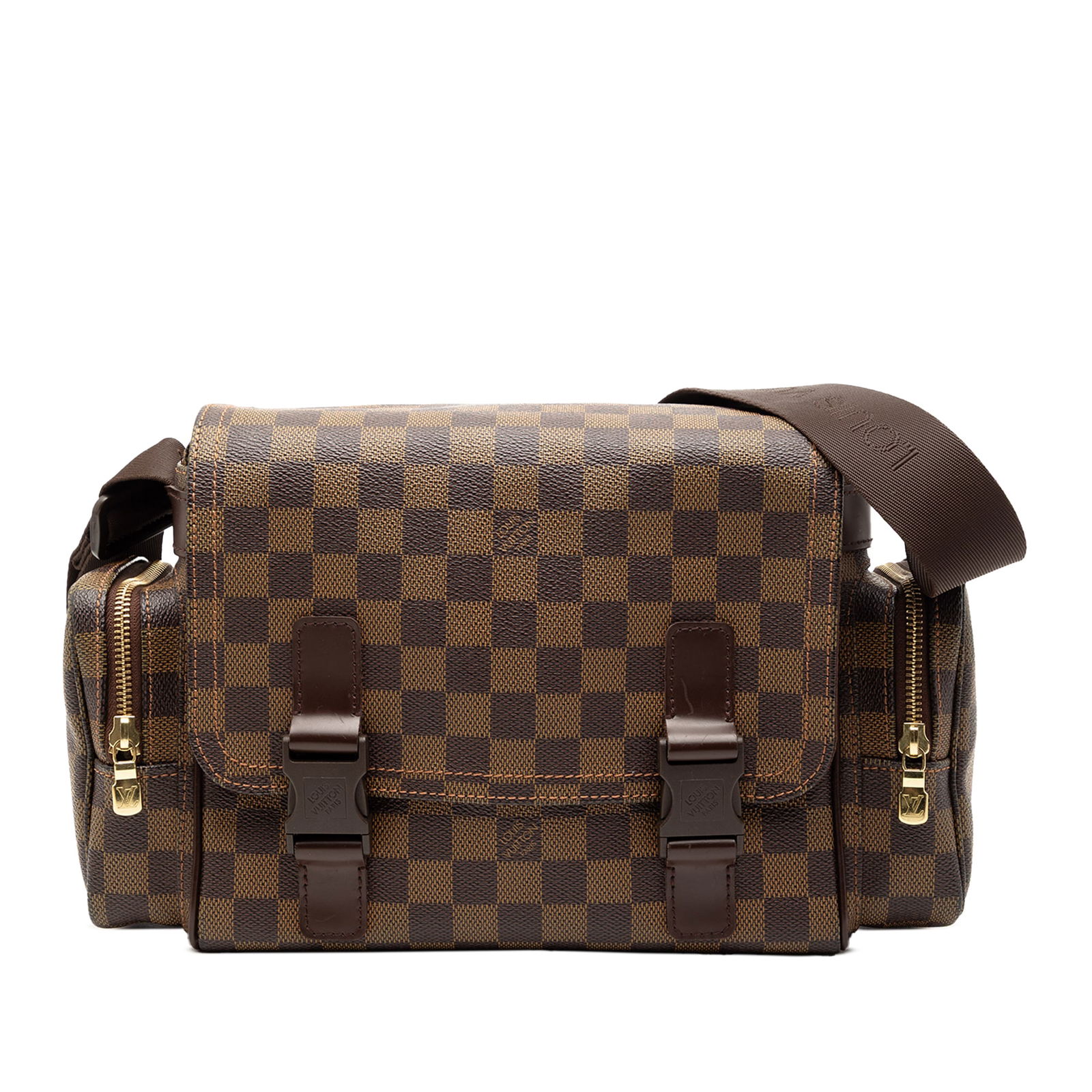 Louis Vuitton Melville Reporter Bag in Damier Ebene Canvas with Leather Trim: Louis Vuitton Melville Reporter Bag in Damier Ebene Canvas with Leather Trim The Louis Vuitton Damier Ebene Melville Reporter features a damier ebene canvas body with leather trim, an adjustable flat