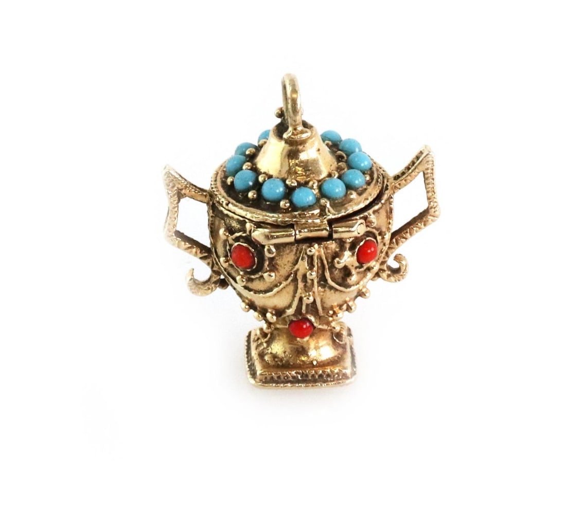 Vintage 14k Yellow Gold Trophy Cup Pendant with Coral and Turquoise: Vintage 14k Yellow Gold Trophy Cup Pendant with Coral and Turquoise This exquisite vintage pendant doubles as a charm and features a trophy cup design, skillfully crafted from 14k yellow gold. The lid