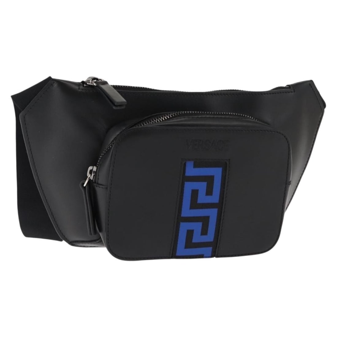 Black Versace Crossbody Bag with Shoulder Strap: Black Versace Crossbody Bag with Shoulder Strap This pre-owned Versace crossbody pouch features a sleek black exterior and is designed for female use. It remains in very clean condition with only mino