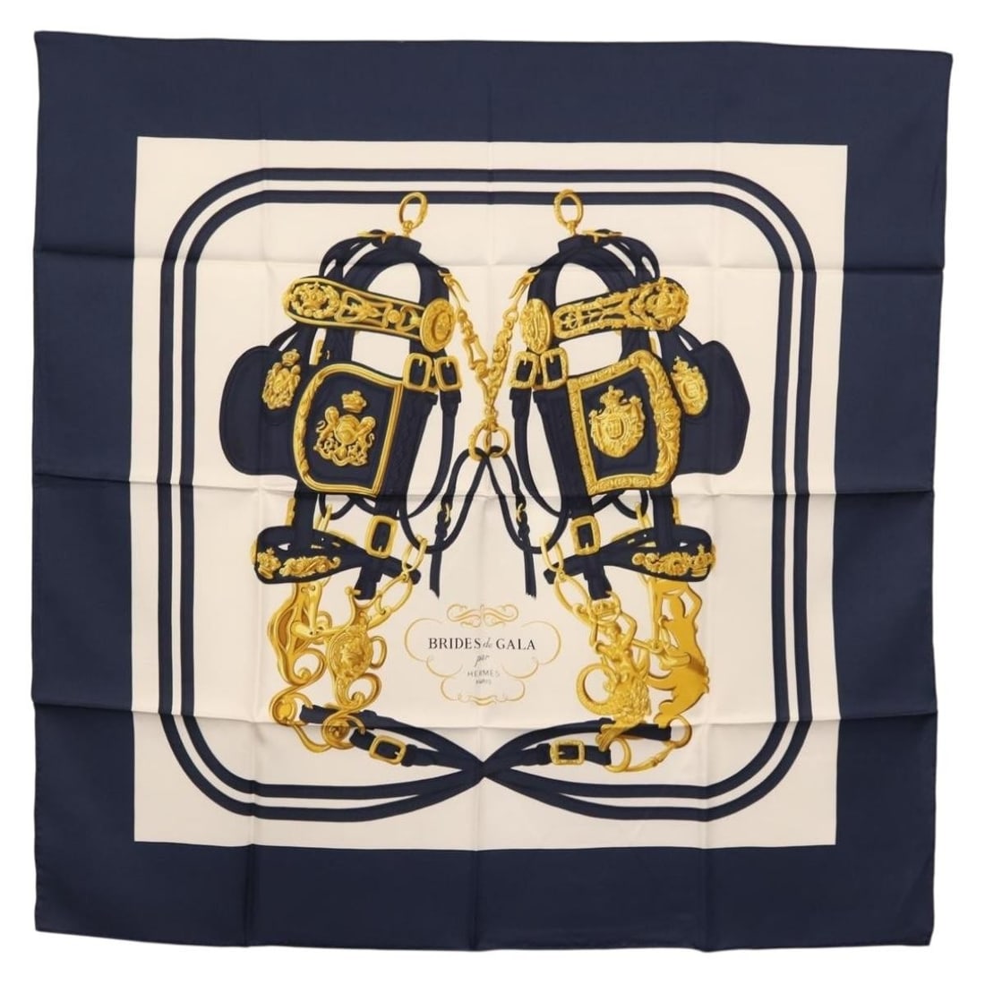 HERMES Brides de Gala Scarf 90cm Silk White Blue Authentic: HERMES Brides de Gala Scarf 90cm Silk White Blue Authentic Elevate your accessory collection with this stunning HERMES Carre 90 Scarf, featuring the exquisite "BRIDES de GALA par" design. Crafted from