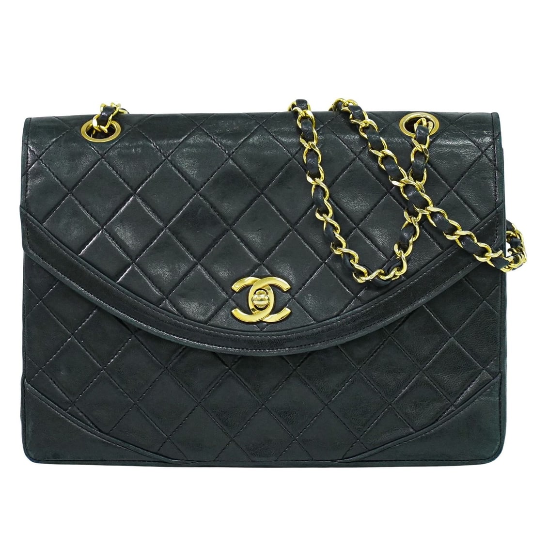 Pre-Owned Chanel Black Round Flap Shoulder Bag: Pre-Owned Chanel Black Round Flap Shoulder Bag This pre-owned Chanel vintage round flap shoulder bag in black features a classic design with a flap closure. The bag exhibits signs of use, including co