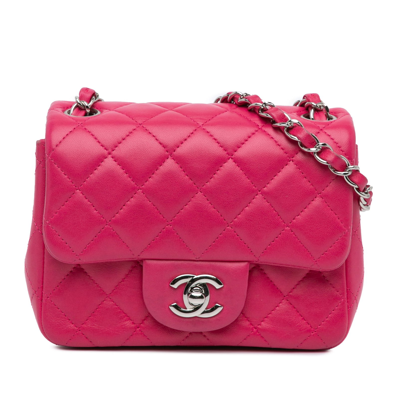 Chanel Mini Square Classic Lambskin Flap Bag Pink Italy: Chanel Mini Square Classic Lambskin Flap Bag Pink Italy The Chanel Mini Square Classic Lambskin Single Flap is an elegant handbag crafted from soft quilted lambskin leather. It features a distinctive