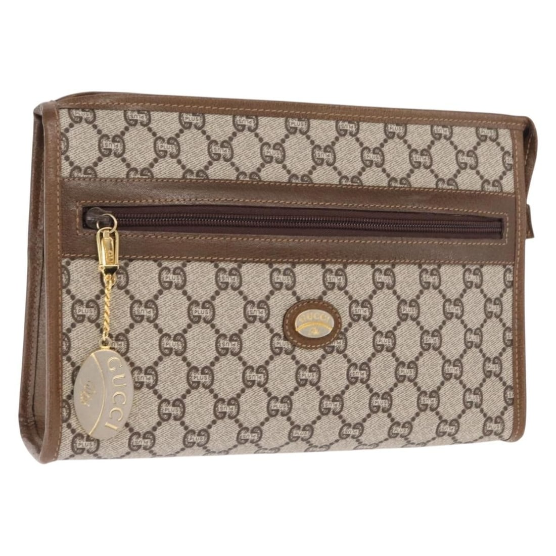 GG Supreme Beige Gold PVC Leather Clutch Bag by Gucci: GG Supreme Beige Gold PVC Leather Clutch Bag by Gucci This is a Gucci GG Plus Supreme clutch bag crafted from PVC leather and GG canvas in beige and gold tones. Made in Italy, the bag features a class