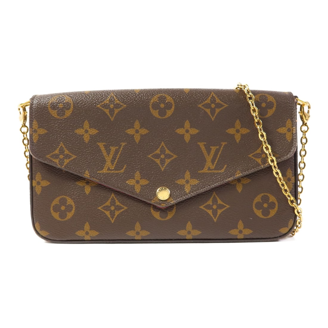 LOUIS VUITTON Pochette Felicie Chain Shoulder Bag Monogram Brown: LOUIS VUITTON Pochette Felicie Chain Shoulder Bag Monogram Brown This exquisite Louis Vuitton Pochette Felicie Chain Shoulder Bag features the iconic Monogram canvas, elegantly coated in brown PVC for