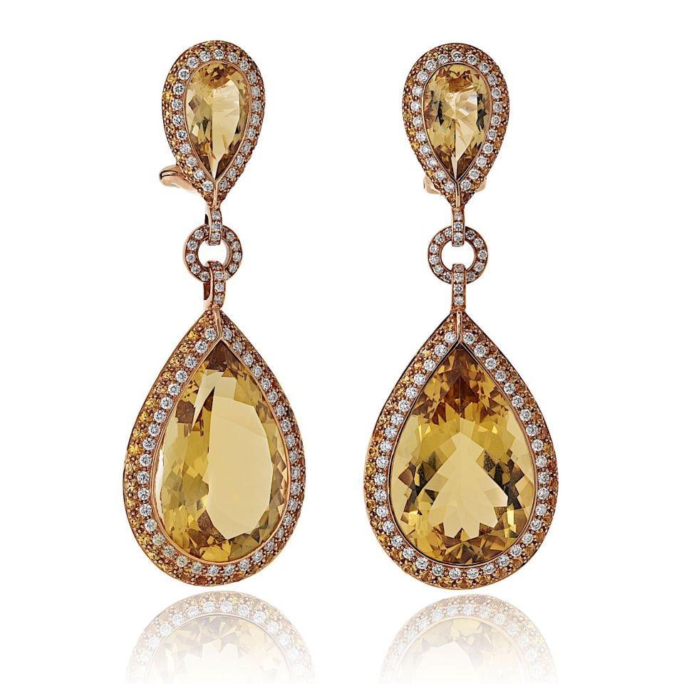 18K Yellow Gold Tear Drop Earrings with Citrine and Fancy Diamonds (1 of 4)