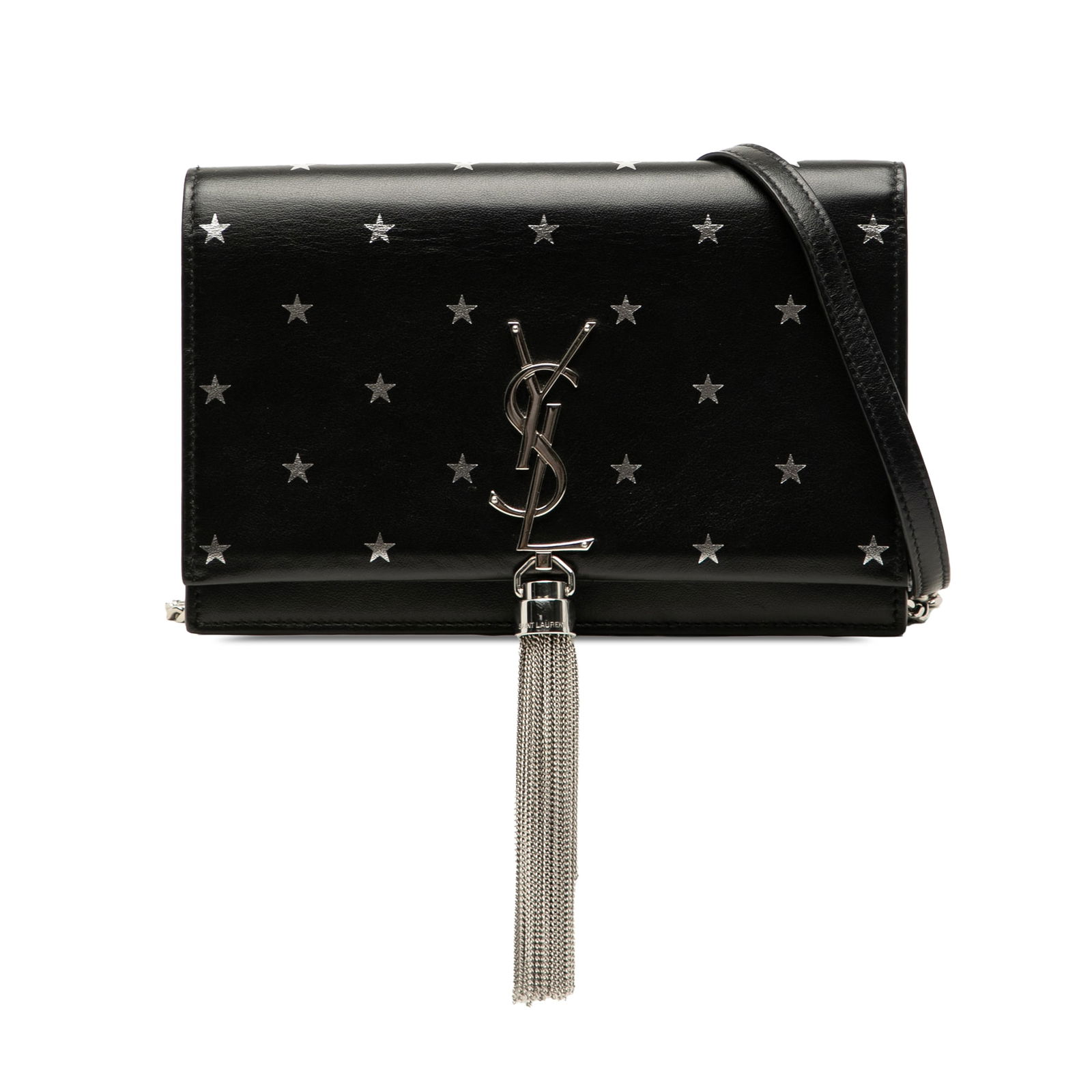 Saint Laurent Black Calfskin Star Print Kate Wallet on Chain: Saint Laurent Black Calfskin Star Print Kate Wallet on Chain This Saint Laurent Kate Wallet on Chain is a stylish accessory crafted from calfskin leather featuring a unique star print. The wallet show