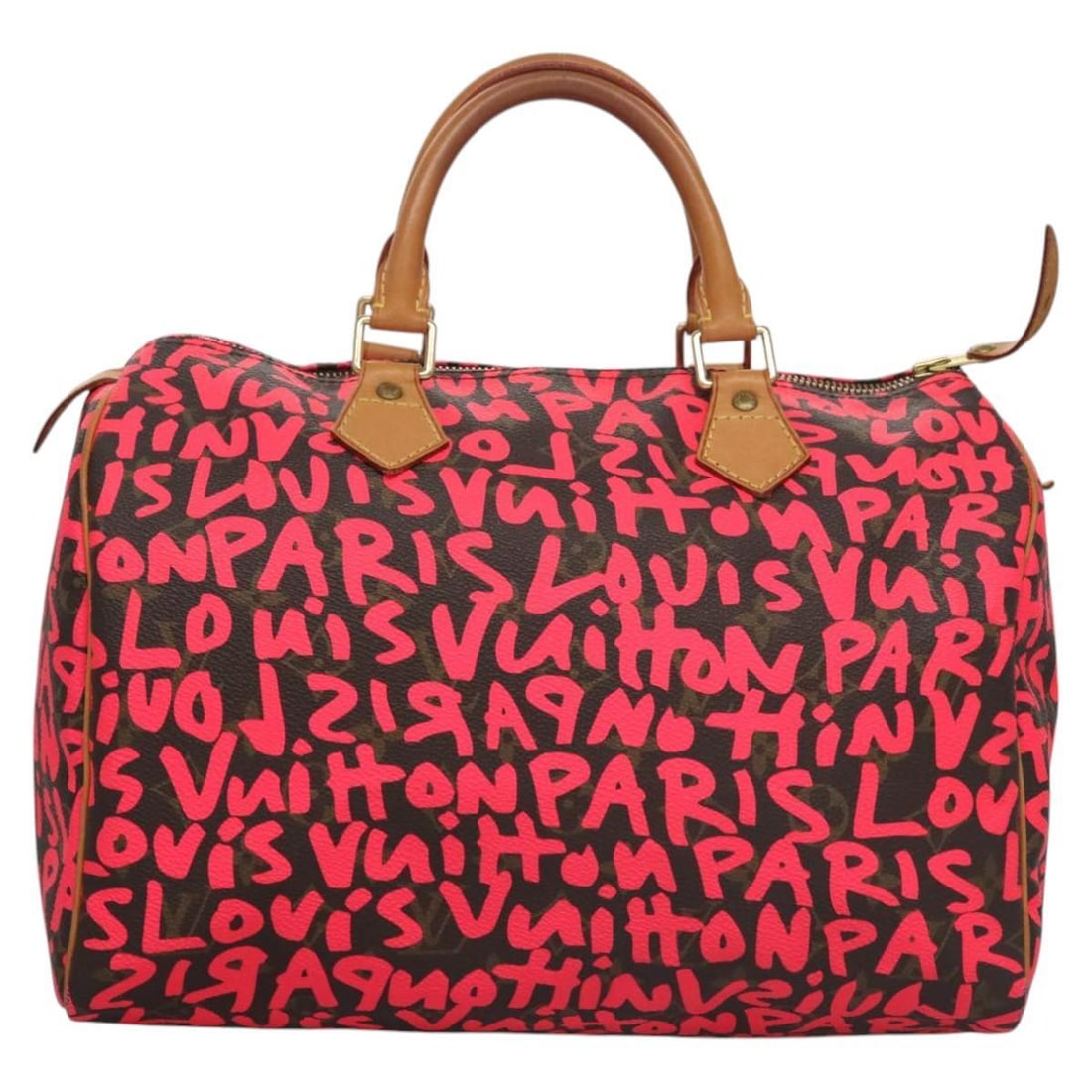 Pink Speedy Handbag by Louis Vuitton: Pink Speedy Handbag by Louis Vuitton This Louis Vuitton Speedy handbag features a pink exterior with noticeable loss of shape and slight rubbing on the surface. The leather shows signs of sunburn and