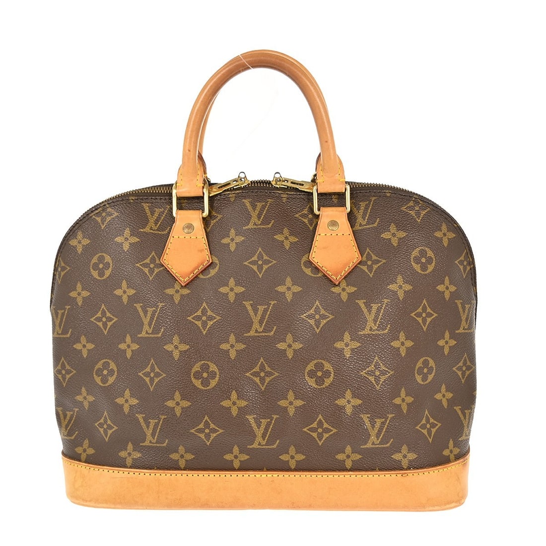 Monogram Canvas Alma Top Handle Bag by Louis Vuitton M51130: Monogram Canvas Alma Top Handle Bag by Louis Vuitton M51130 This Louis Vuitton Alma handbag features the iconic monogram canvas in a classic brown color. The bag is designed with double beige handles,