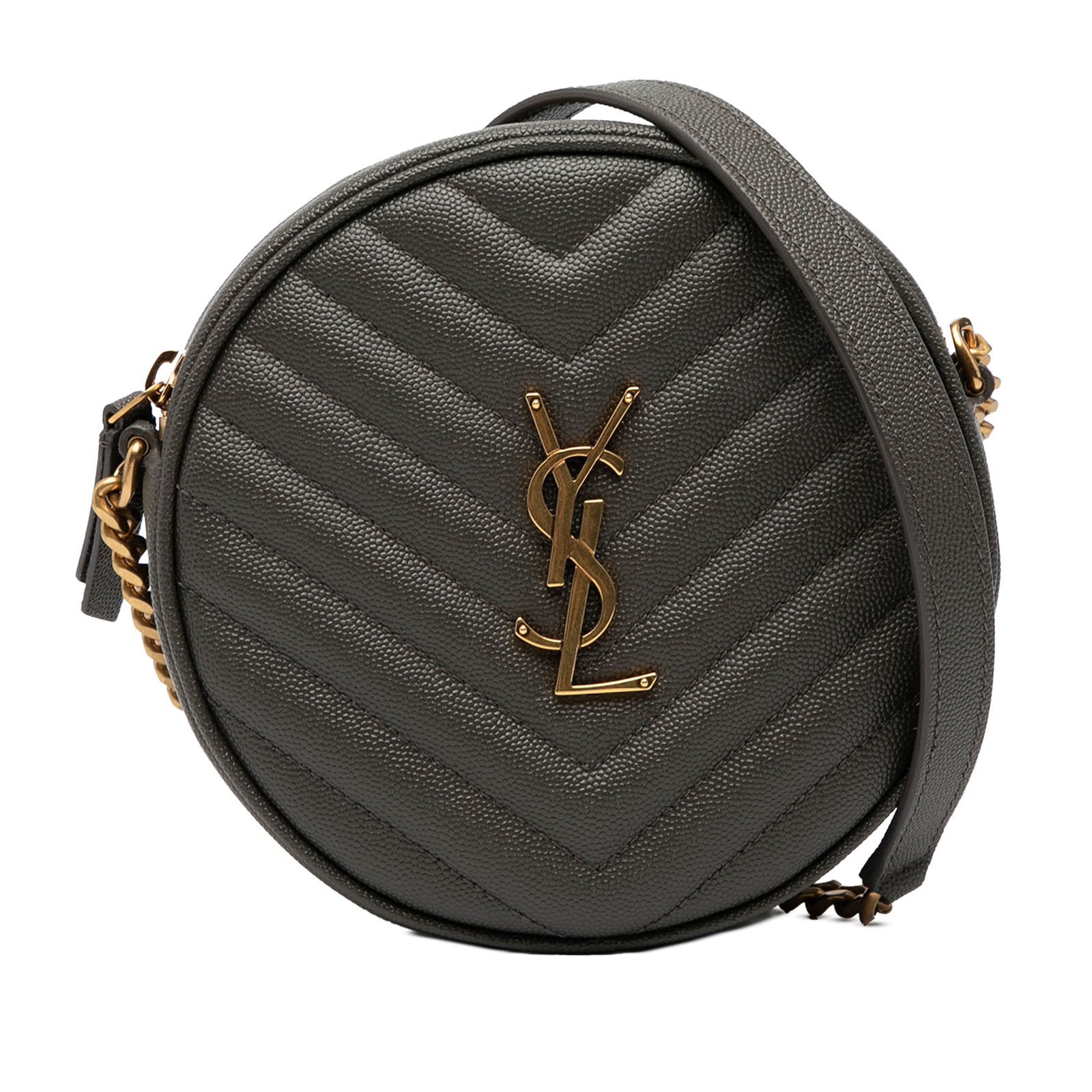 Saint Laurent Chevron Leather Round Vinyle Camera Crossbody Bag: Saint Laurent Chevron Leather Round Vinyle Camera Crossbody Bag This Saint Laurent Grain De Poudre Chevron Round Vinyle Camera Bag features a grained quilted leather exterior in gray, accented by a go